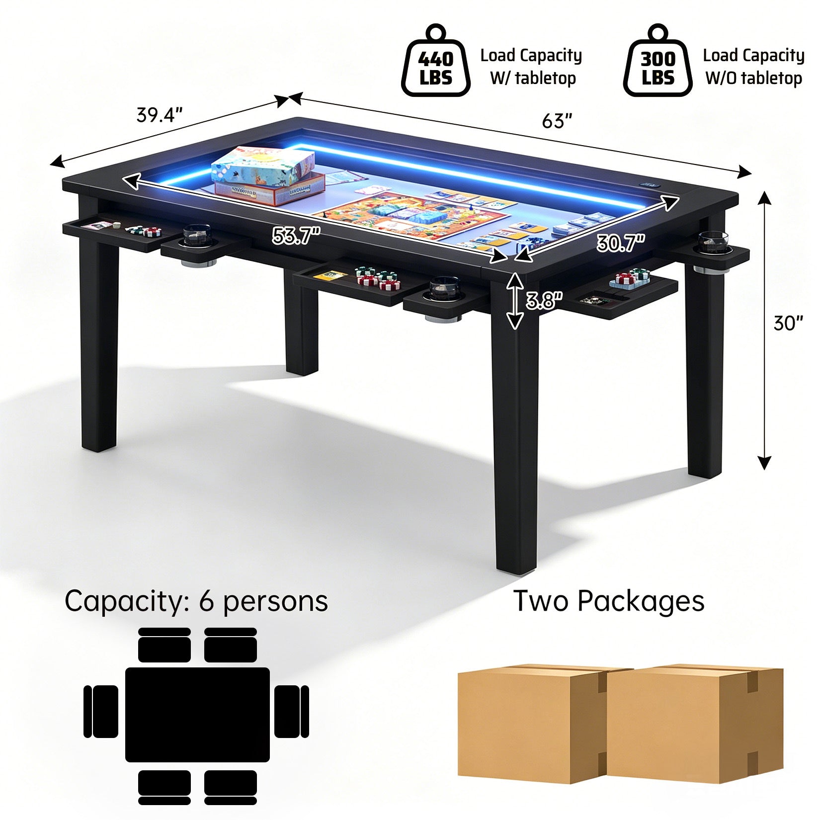 AHB® Solid Wood Board Game Table for 4-6 with Led Light