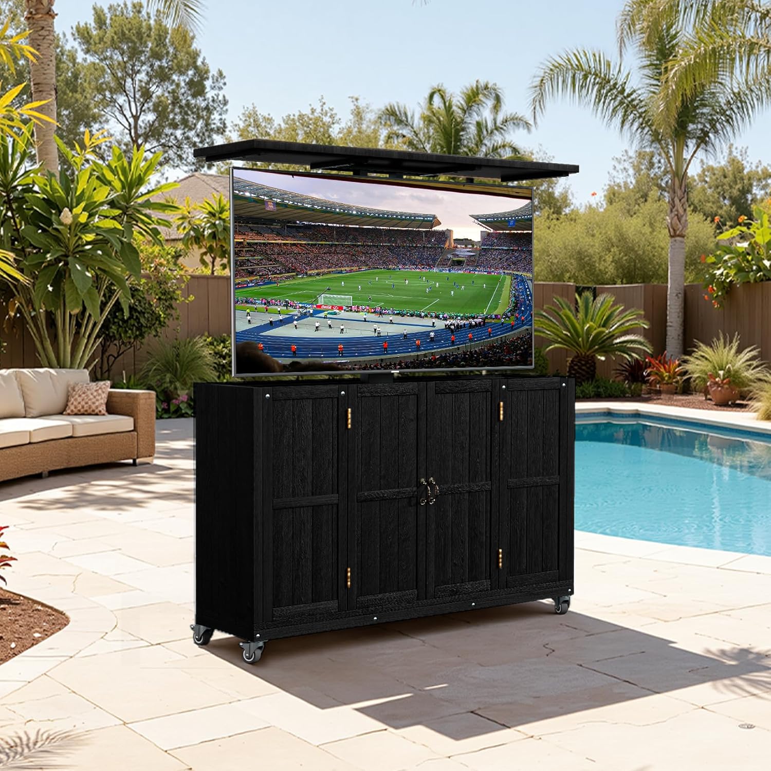 AHB® Solid Wood Outdoor Motorized TV Lift Cabinet with Lockable Wheels For 32-65" TVs