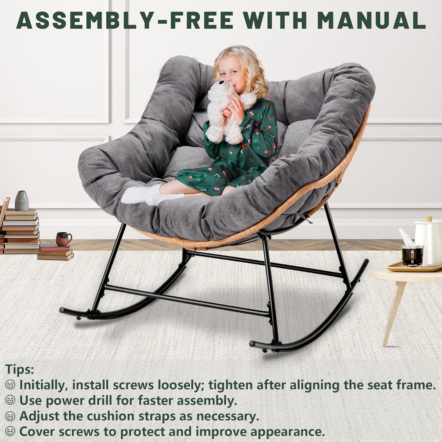 AHB® Oversized Indoor Rocking Chair with Thick Cushion, Cozy Egg-Shaped Wicker for Bedroom, Living room, Patio, Courtyard