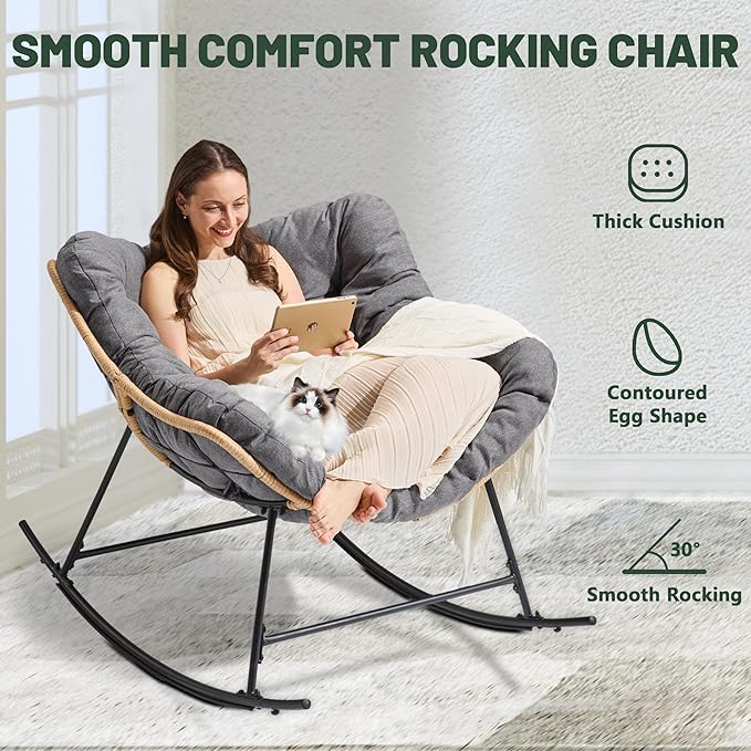 AHB® Oversized Indoor Rocking Chair with Thick Cushion, Cozy Egg-Shaped Wicker for Bedroom, Living room, Patio, Courtyard