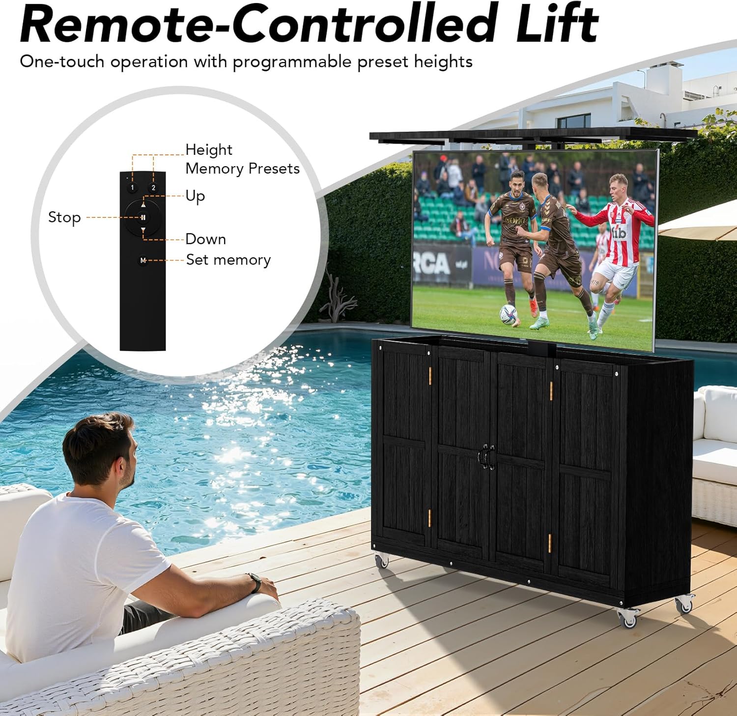 AHB® Solid Wood Outdoor Motorized TV Lift Cabinet with Lockable Wheels For 32-65" TVs