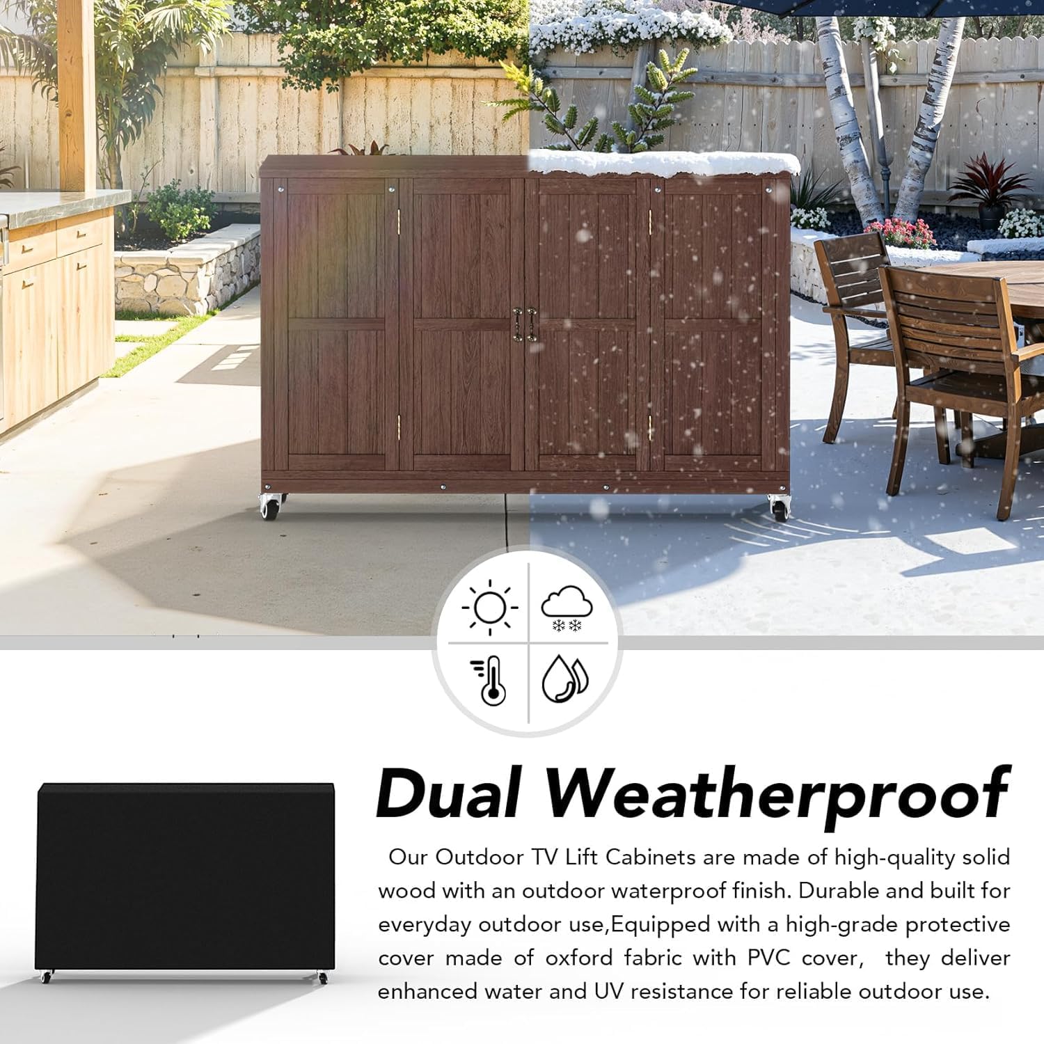 AHB® Solid Wood Outdoor Motorized TV Lift Cabinet with Lockable Wheels For 32-65" TVs