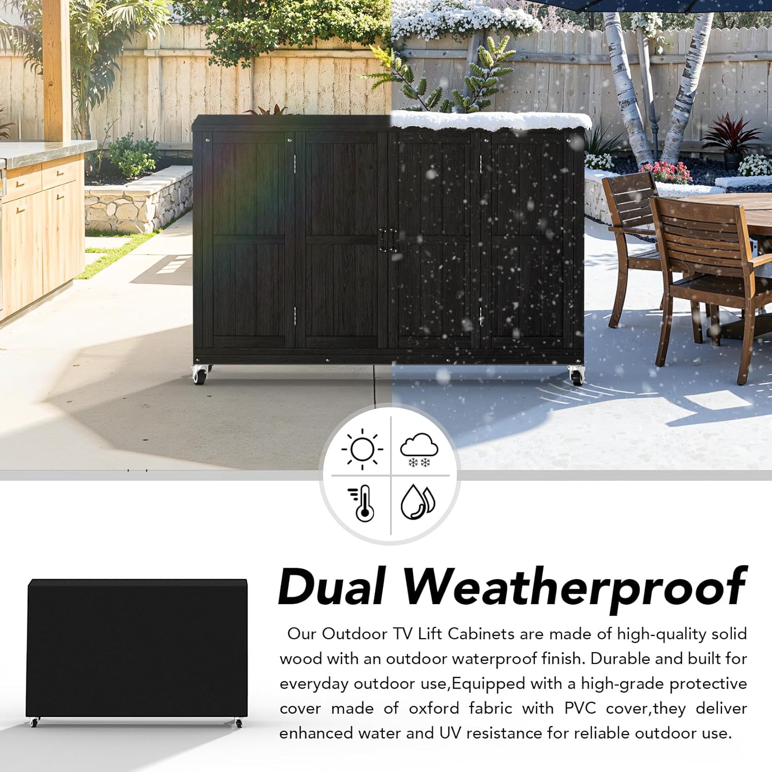 AHB® Solid Wood Outdoor Motorized TV Lift Cabinet with Lockable Wheels For 32-65" TVs