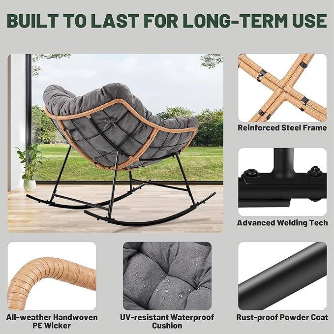 AHB® Oversized Indoor Rocking Chair with Thick Cushion, Cozy Egg-Shaped Wicker for Bedroom, Living room, Patio, Courtyard