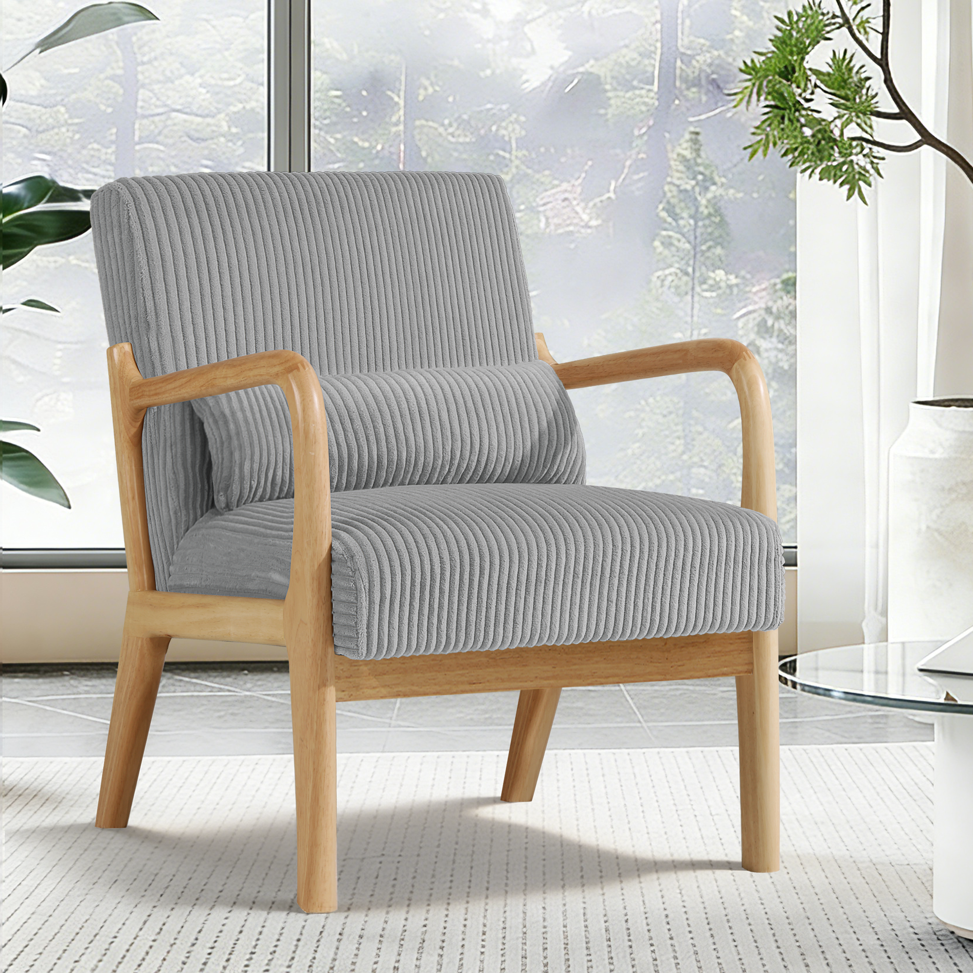 Mid-Century Accent Chair， Modern Armchair with Waist Cushion, Comfy Single Sitting Seat up to 450lbs