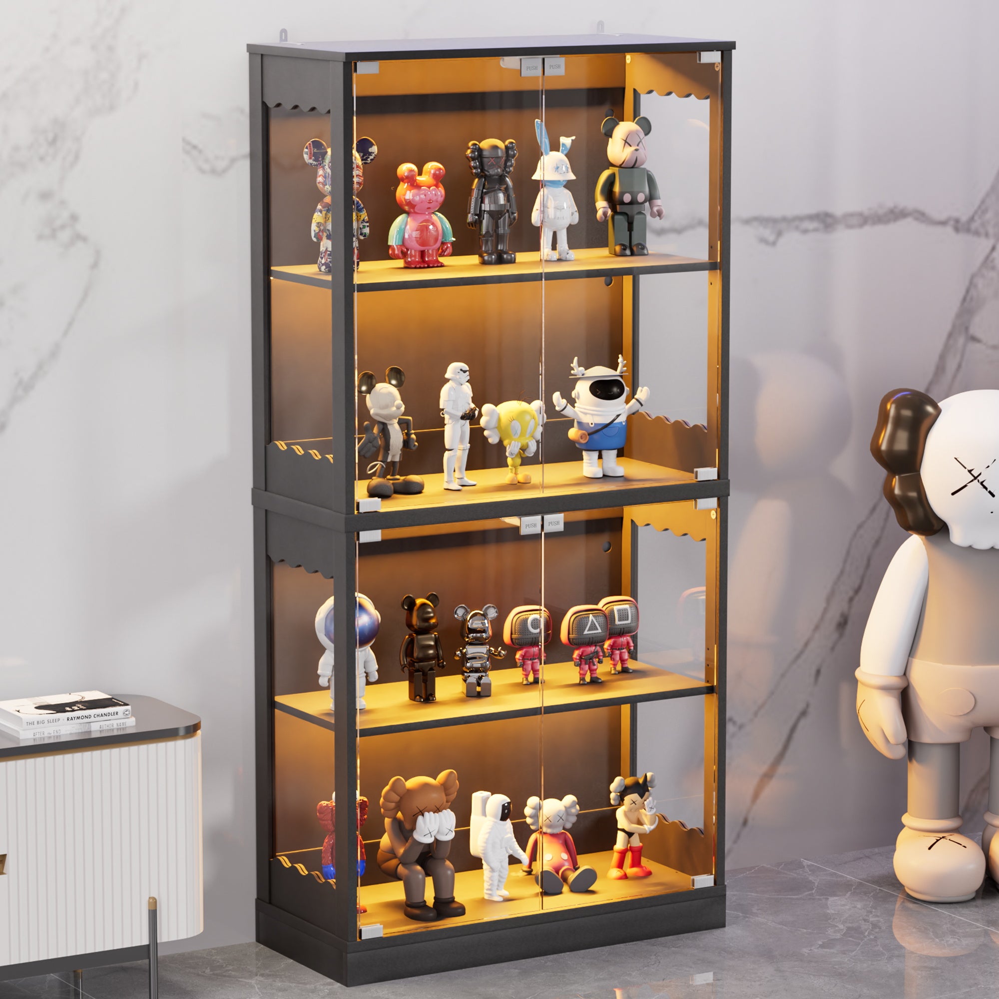 Display Cabinet with Glass Doors, 63" 4-Tier Wood Display Case with RGB Lights for Collectibles, Tall Curio Cabinet Anti-Tipping with Adjustable Shelves for Living Room, Study