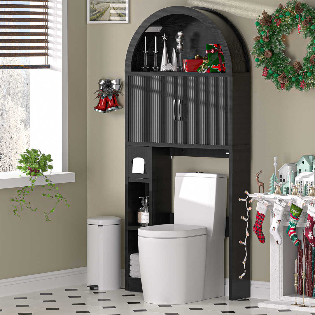 Over The Toilet Storage Cabinet with Wood Grain Doors and Arc Design
