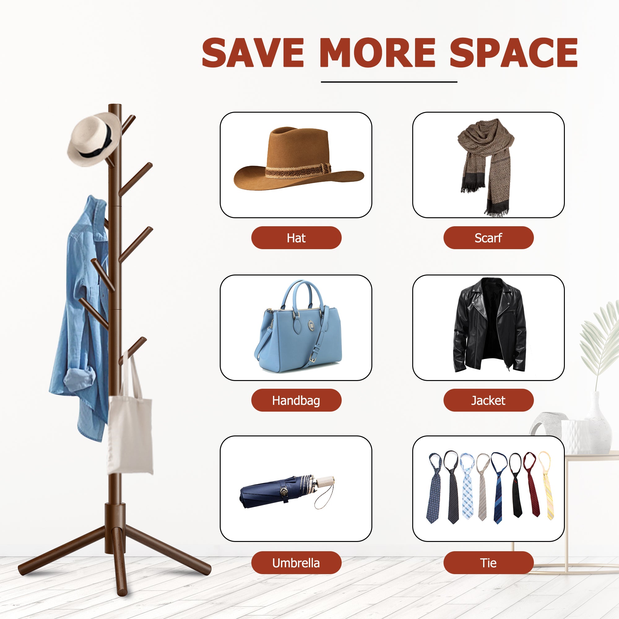 Durable Wooden Coat Rack, Freestanding Coat Rack, 8 Hooks & 3 Adjustable Heights