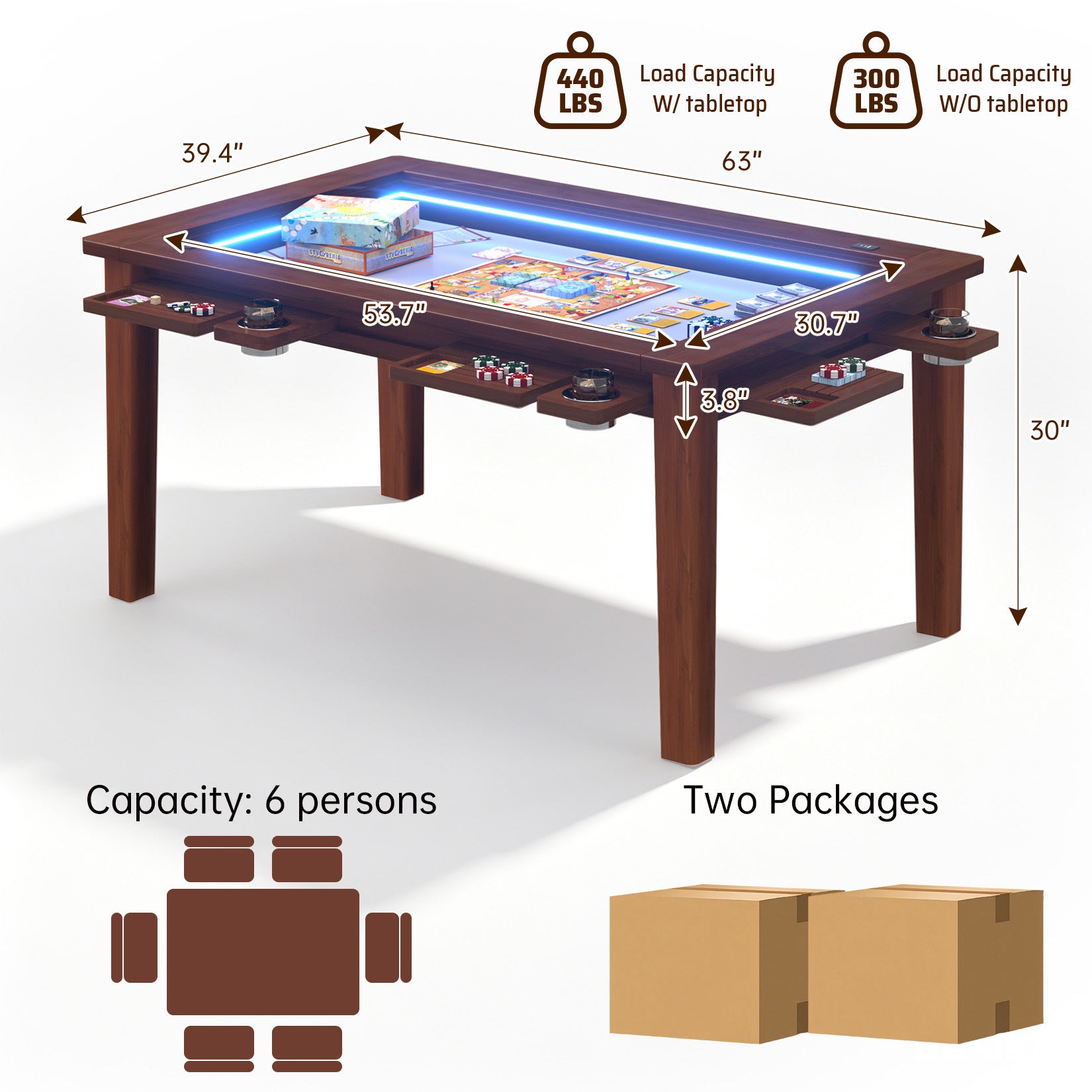 AHB® Solid Wood Board Game Table for 4-6 with Led Light