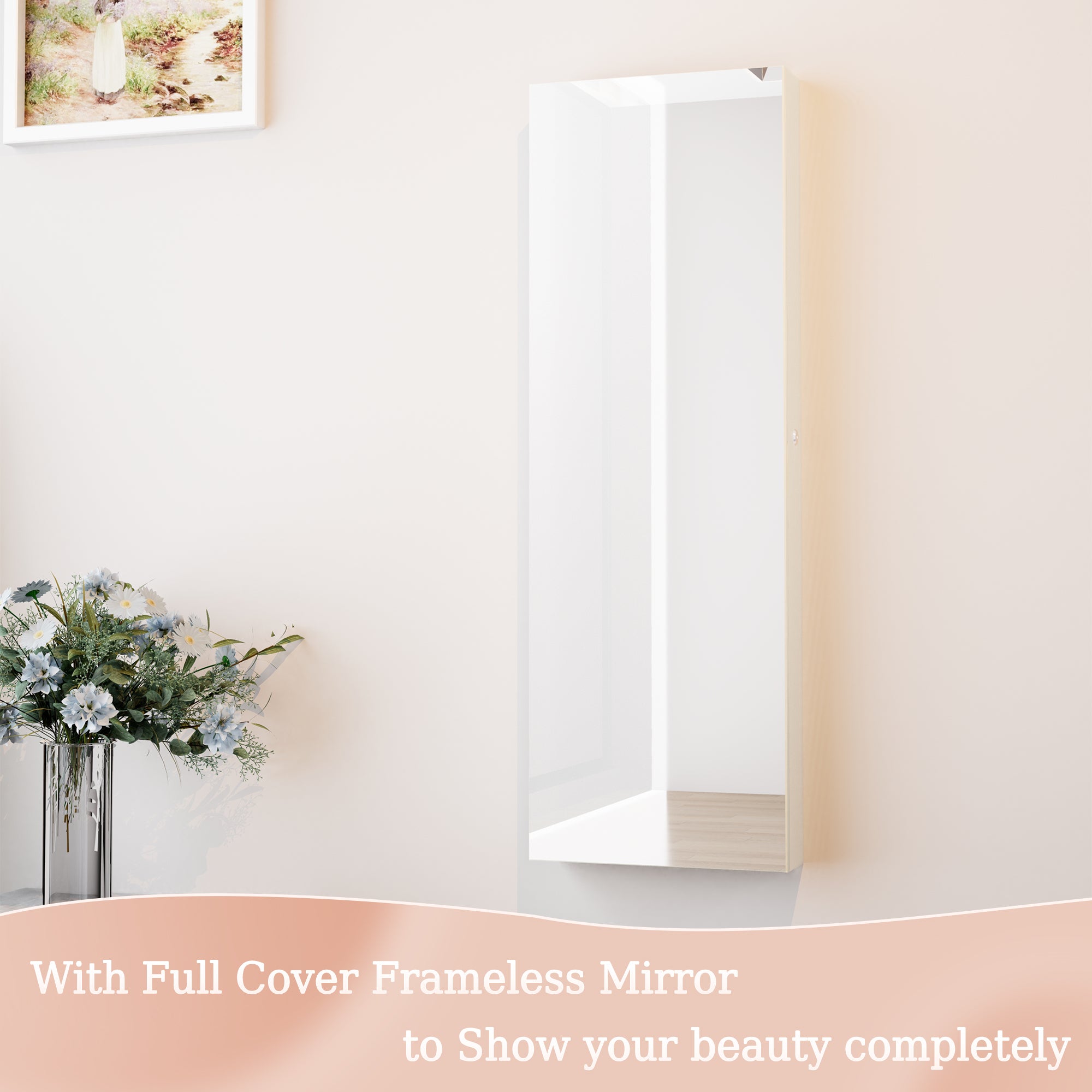 Mirror Jewelry Cabinet,Lockable Wall or Door Mounted Jewelry Armoire Organizer 14.4"x3.15"x 43.1"