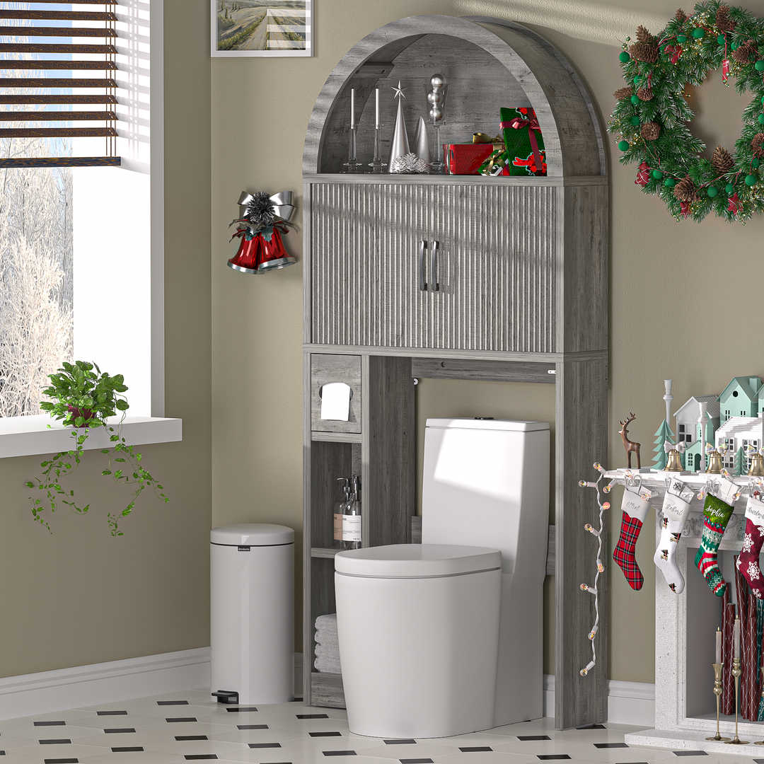 Over The Toilet Storage Cabinet with Wood Grain Doors and Arc Design