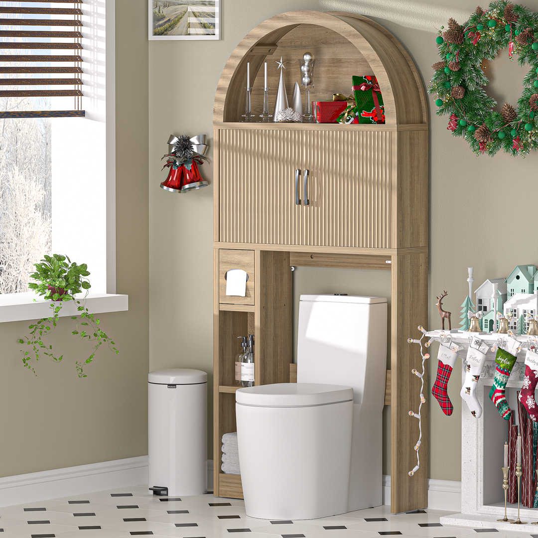 Over The Toilet Storage Cabinet with Wood Grain Doors and Arc Design