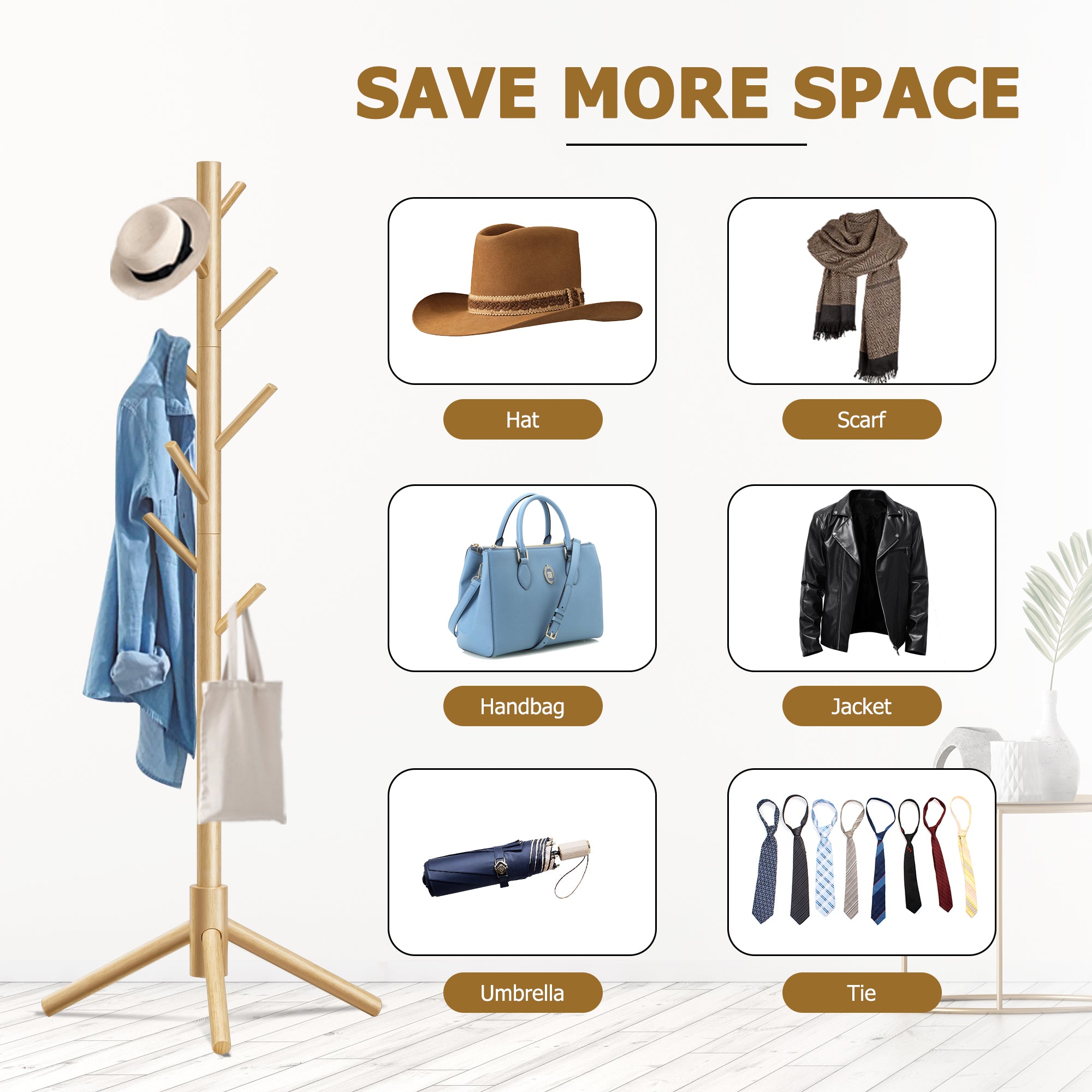 Durable Wooden Coat Rack, Freestanding Coat Rack, 8 Hooks & 3 Adjustable Heights