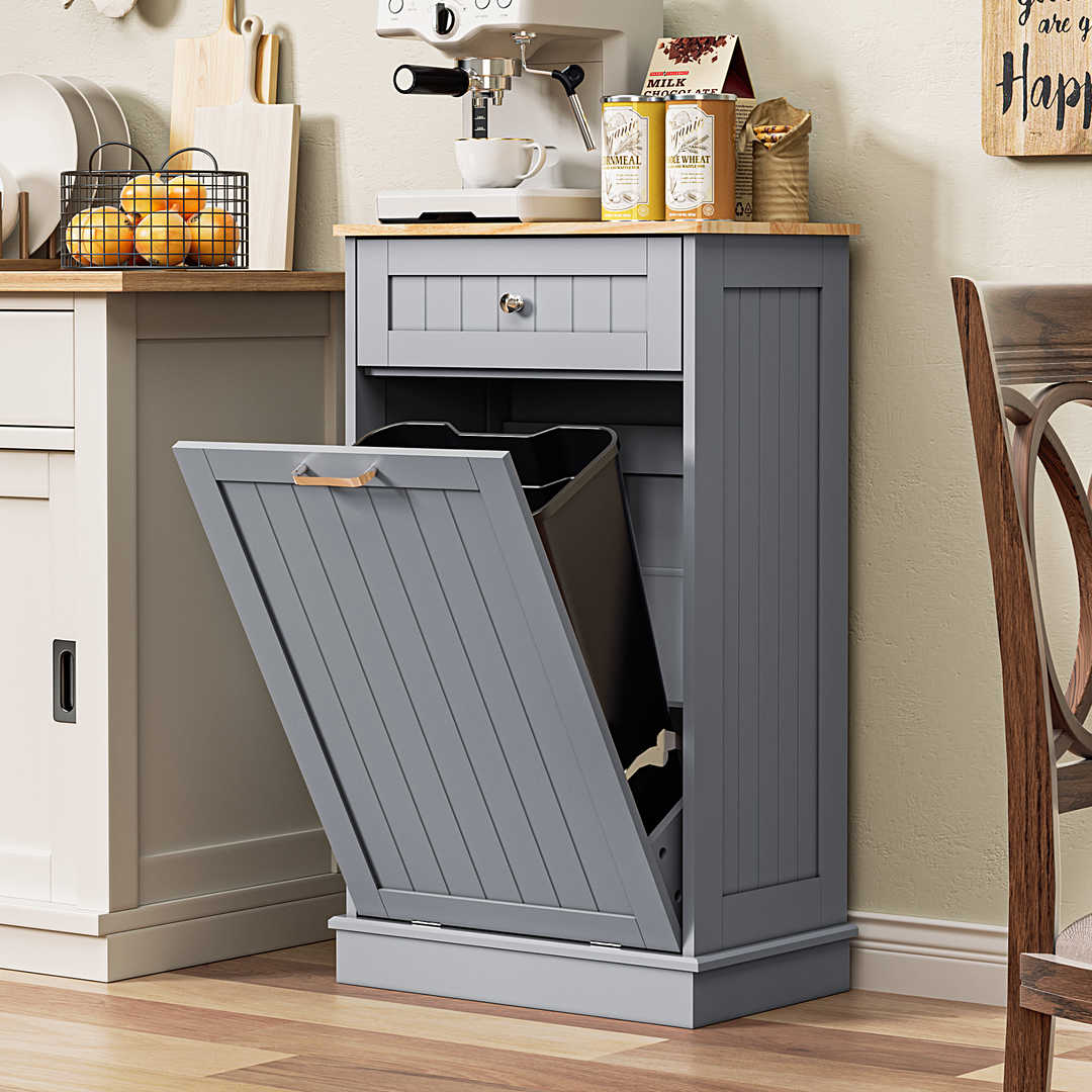 Single Tilt Out Trash Cabinet for 13 Gallon Waste Bin, Free Standing Kitchen Trash Can Cabinet with Drawers