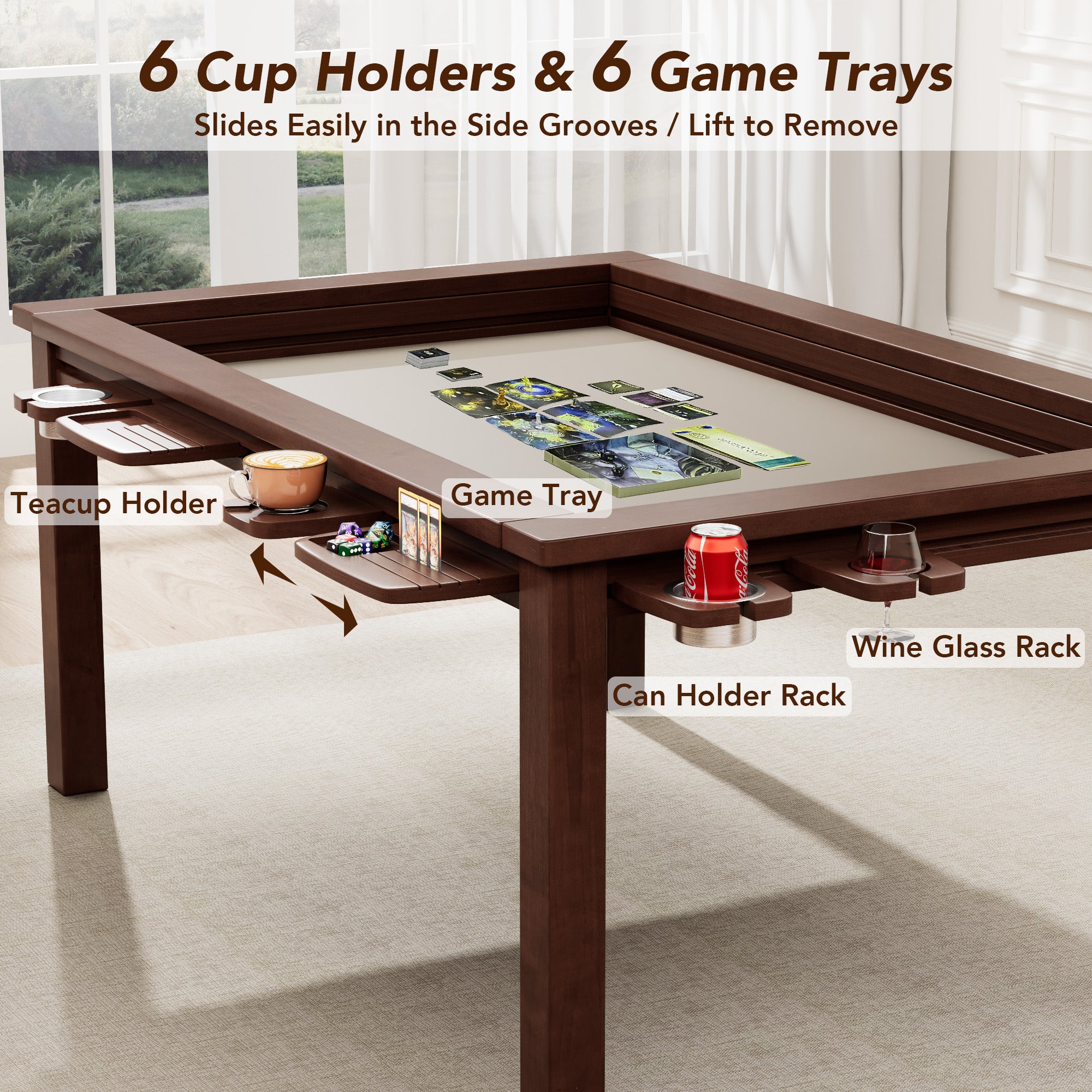 Convertible Board Game Table for 4-6 Players, Spacious Gaming Space with Table Top, Non-Slip Play Mat, Cup Holder & Game Tray, Dining Table for DND, Poker Card, Family Dinner