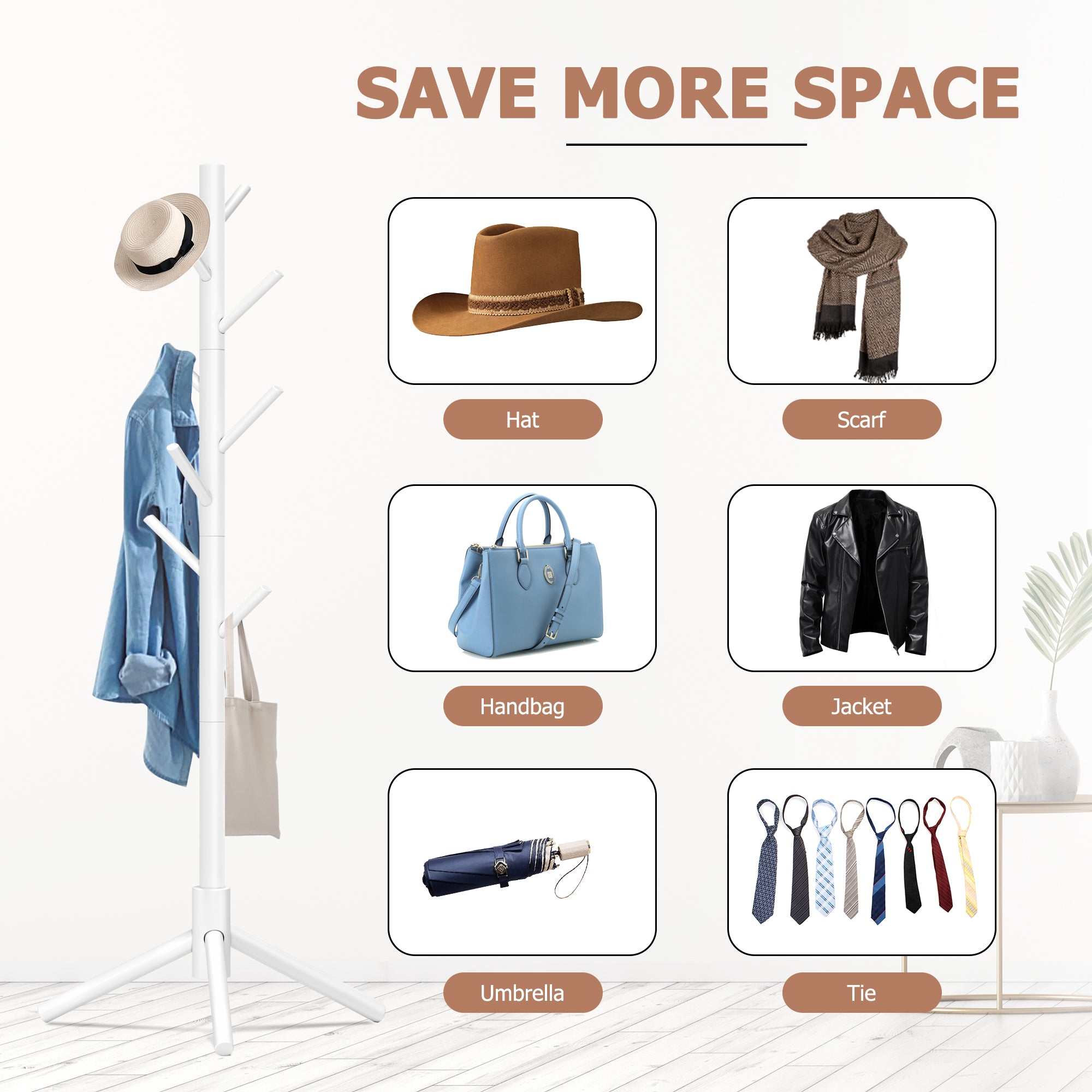 Durable Wooden Coat Rack, Freestanding Coat Rack, 8 Hooks & 3 Adjustable Heights