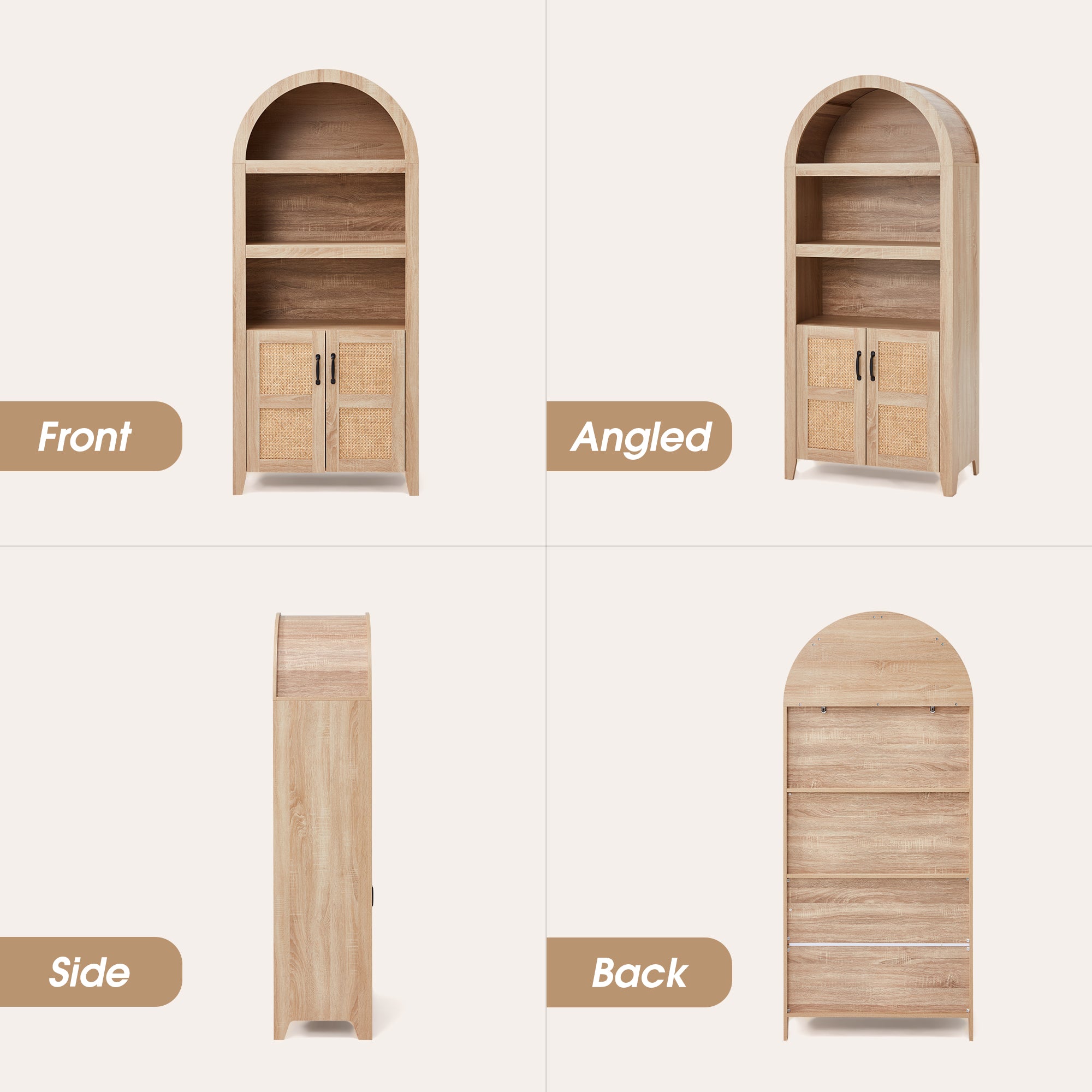 72" Arched Cabinet with Woven Rattan Door and Adjustable Shelves. A Versatile Storage Piece for Kitchen or Living Room