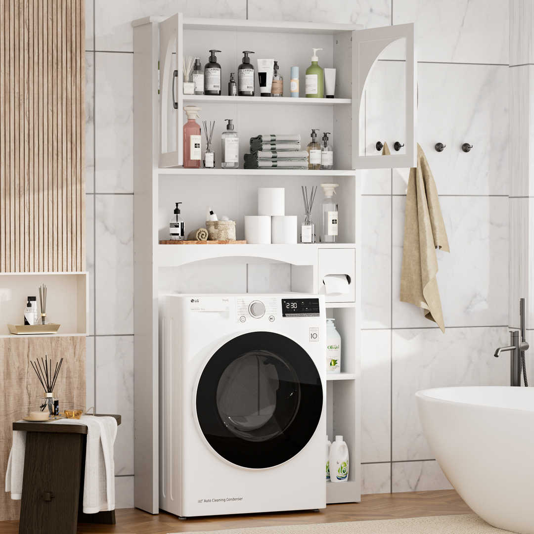 Over The Toilet Storage Cabinet with Wood Grain Doors and Arc Design