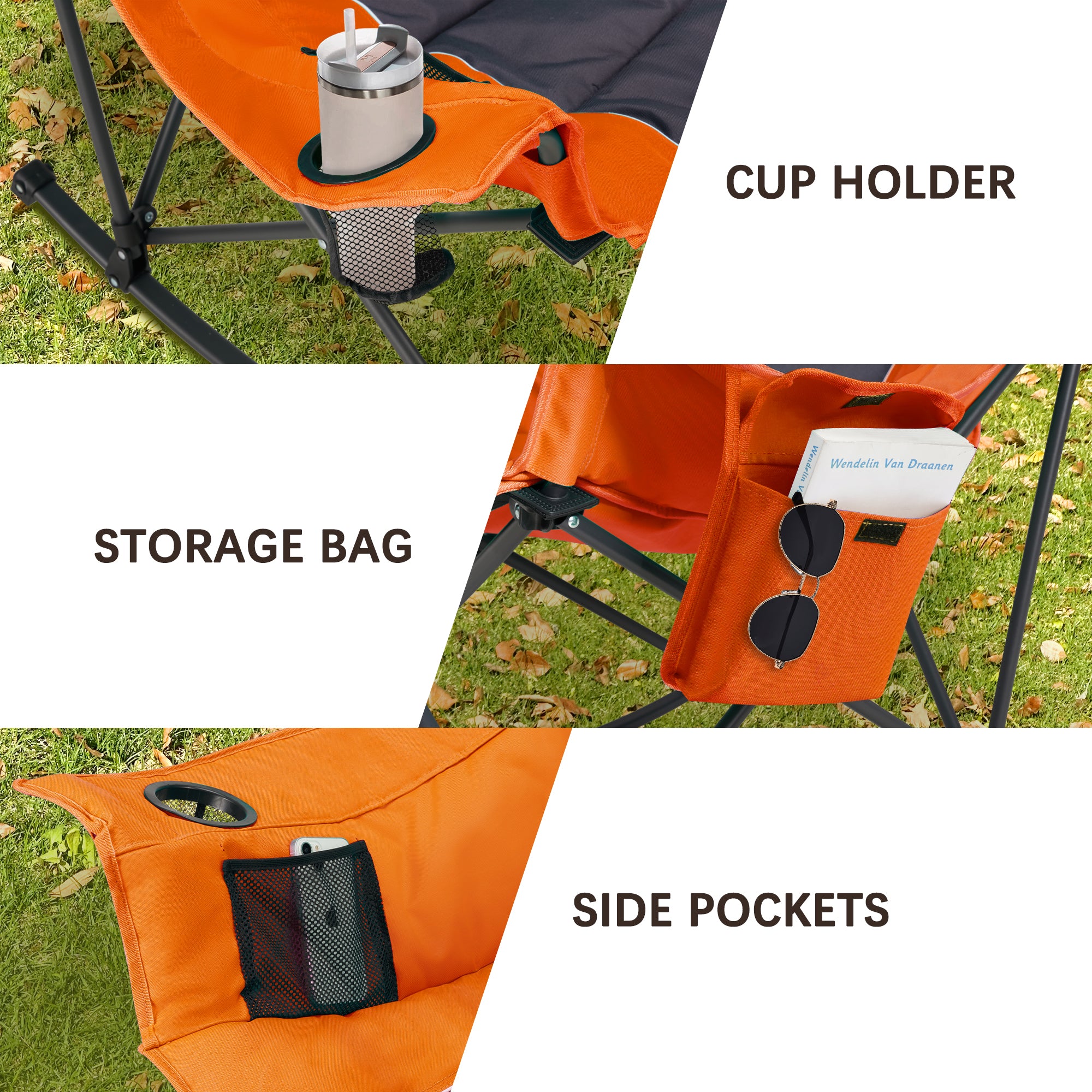 Oversized Rocking Camping Chair with Headrest & Cup Holder - 400lbs Capacity, 600D Oxford Fabric