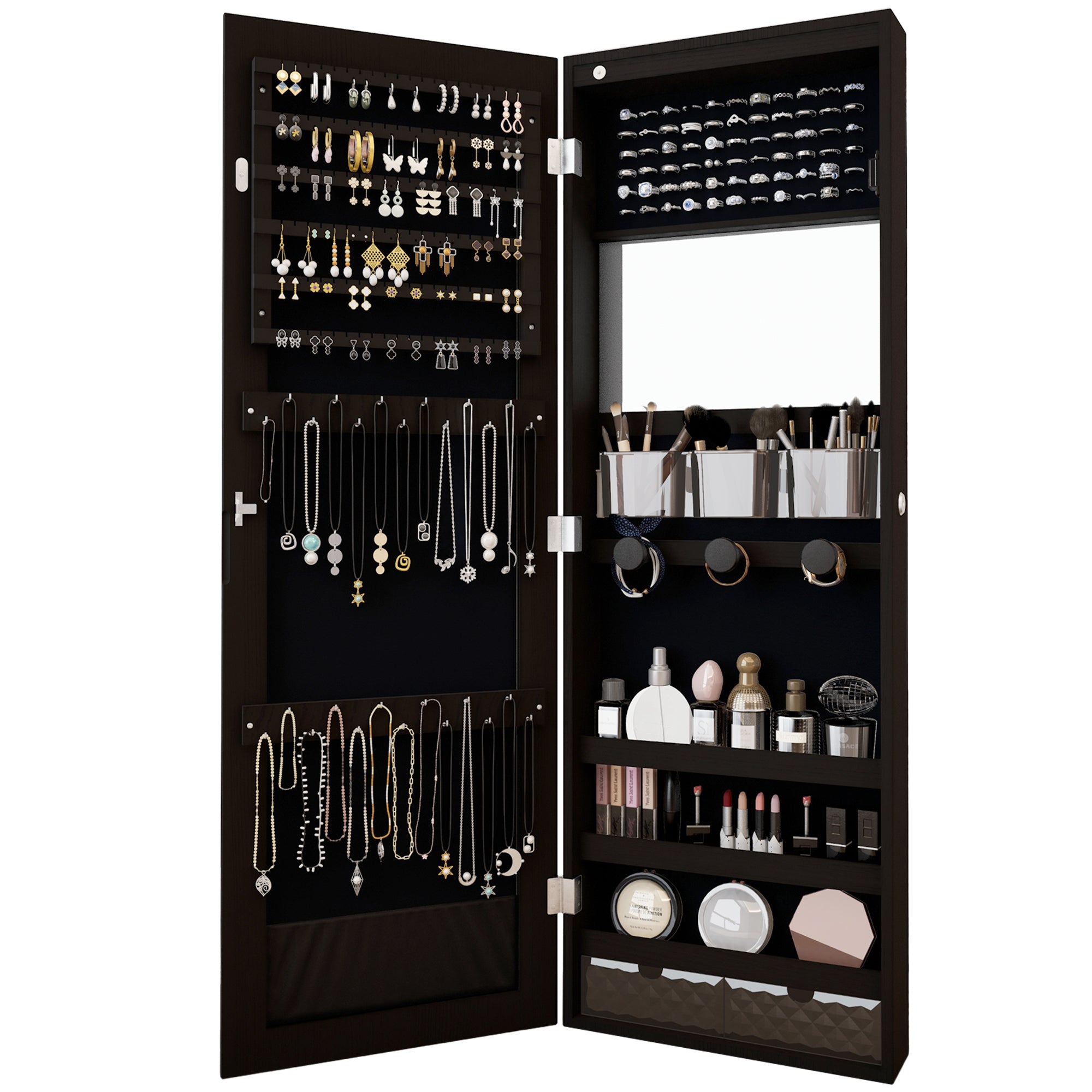 Mirror Jewelry Cabinet,Lockable Wall or Door Mounted Jewelry Armoire Organizer 14.4"x3.15"x 43.1"