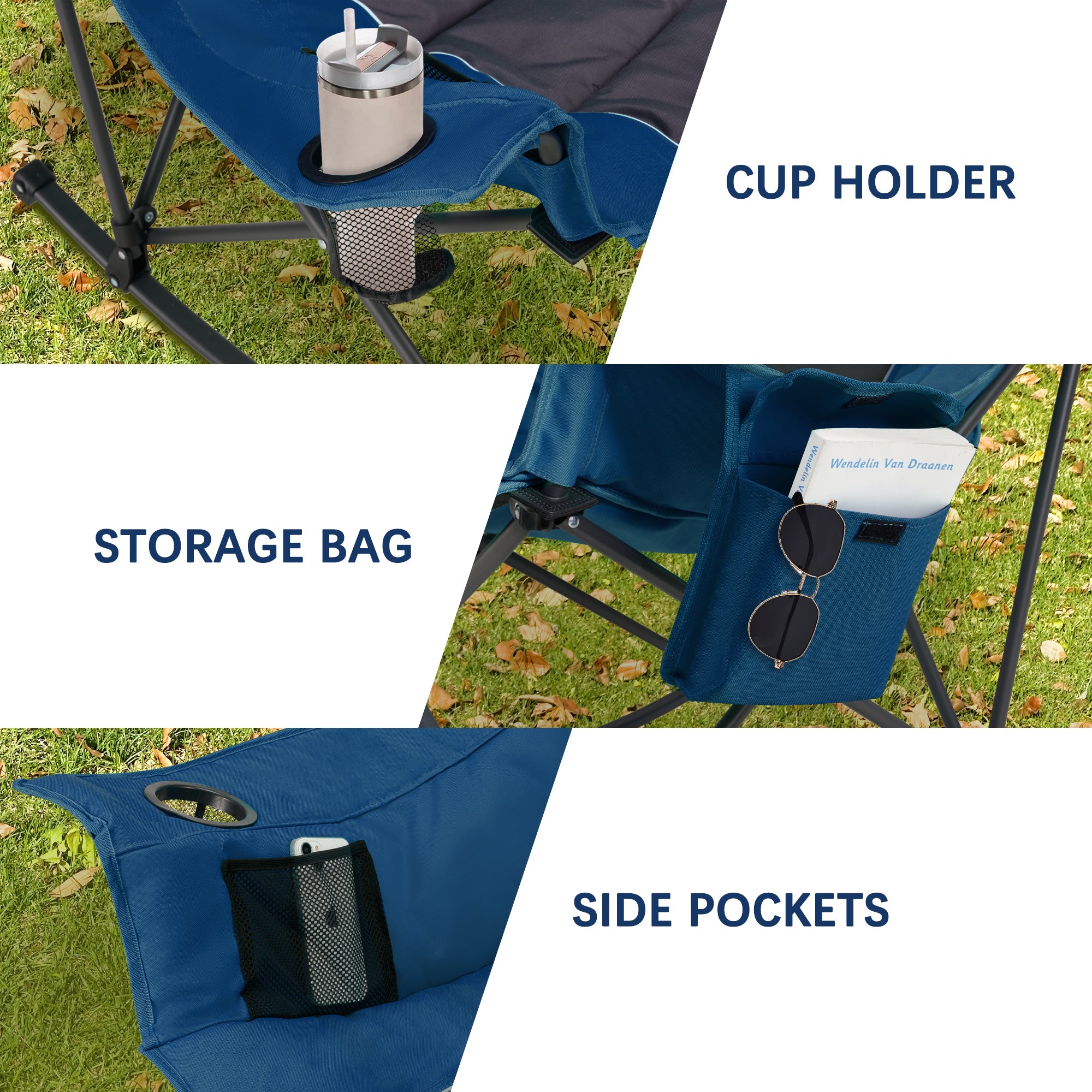 Oversized Rocking Camping Chair with Headrest & Cup Holder - 400lbs Capacity, 600D Oxford Fabric