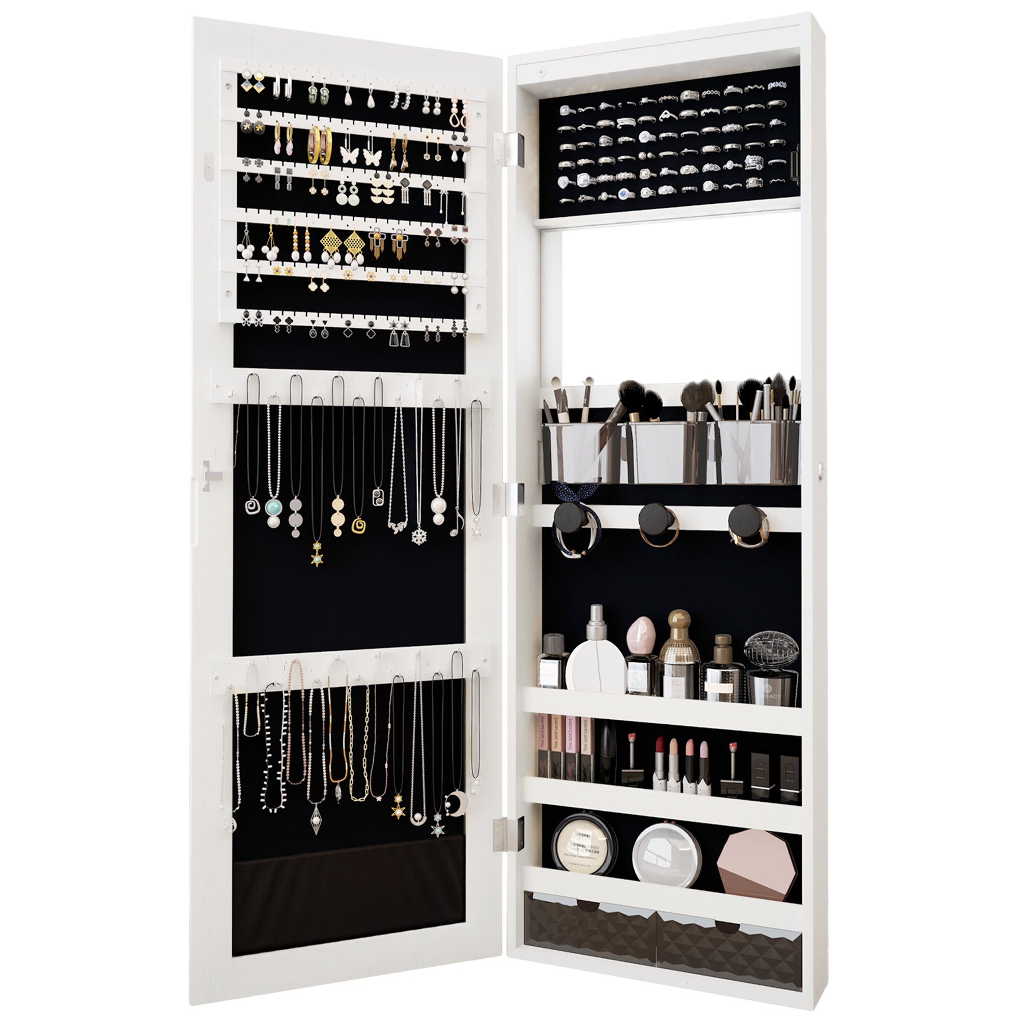 Mirror Jewelry Cabinet,Lockable Wall or Door Mounted Jewelry Armoire Organizer 14.4"x3.15"x 43.1"
