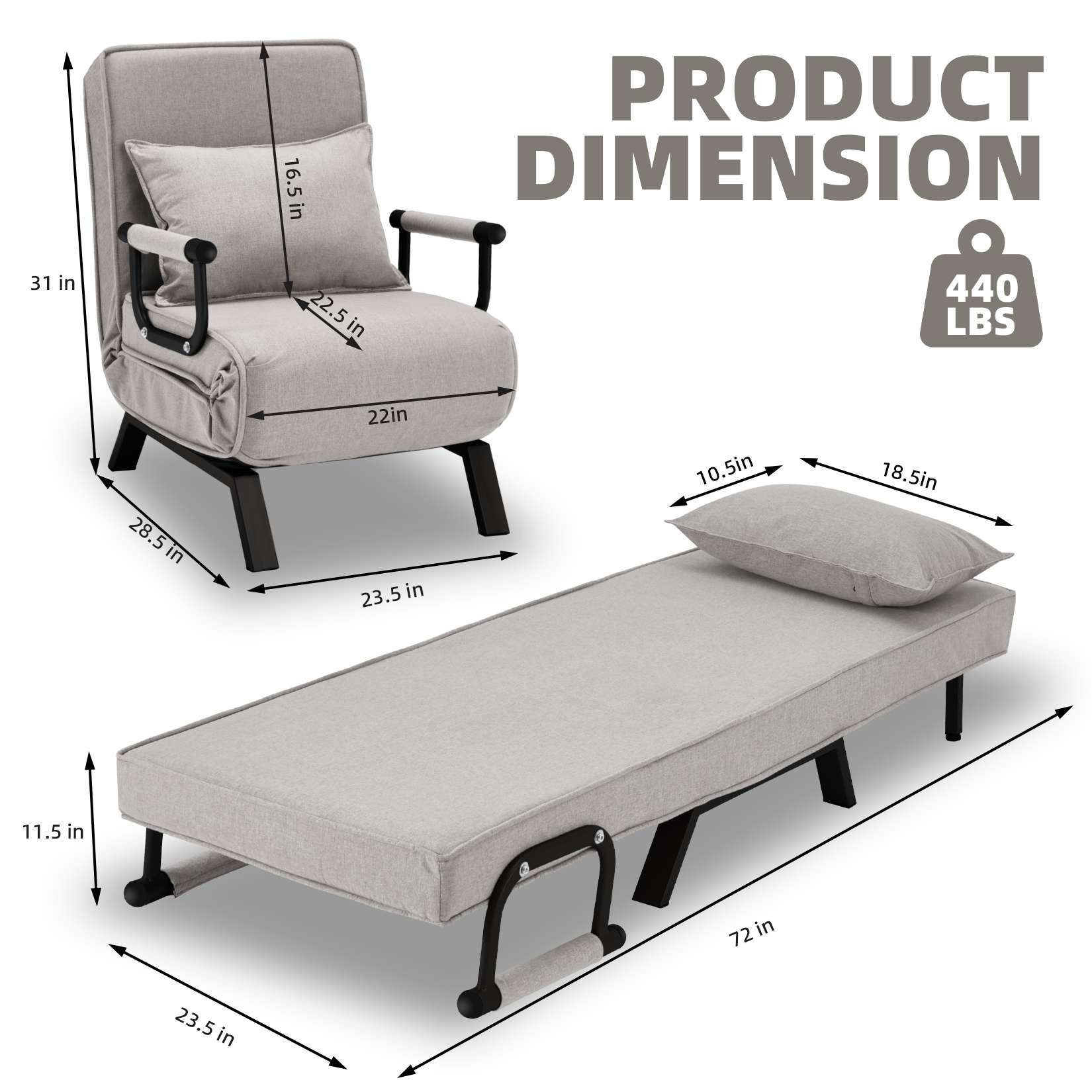 AHB® Convertible Sofa Bed Sleeper Chair with 6 Angles Adjustable Backrest