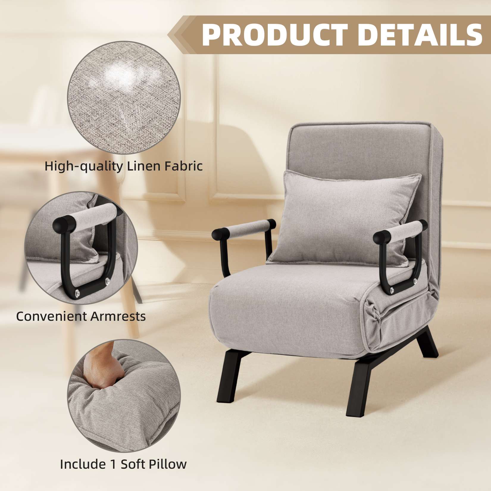 AHB® Convertible Sofa Bed Sleeper Chair with 6 Angles Adjustable Backrest