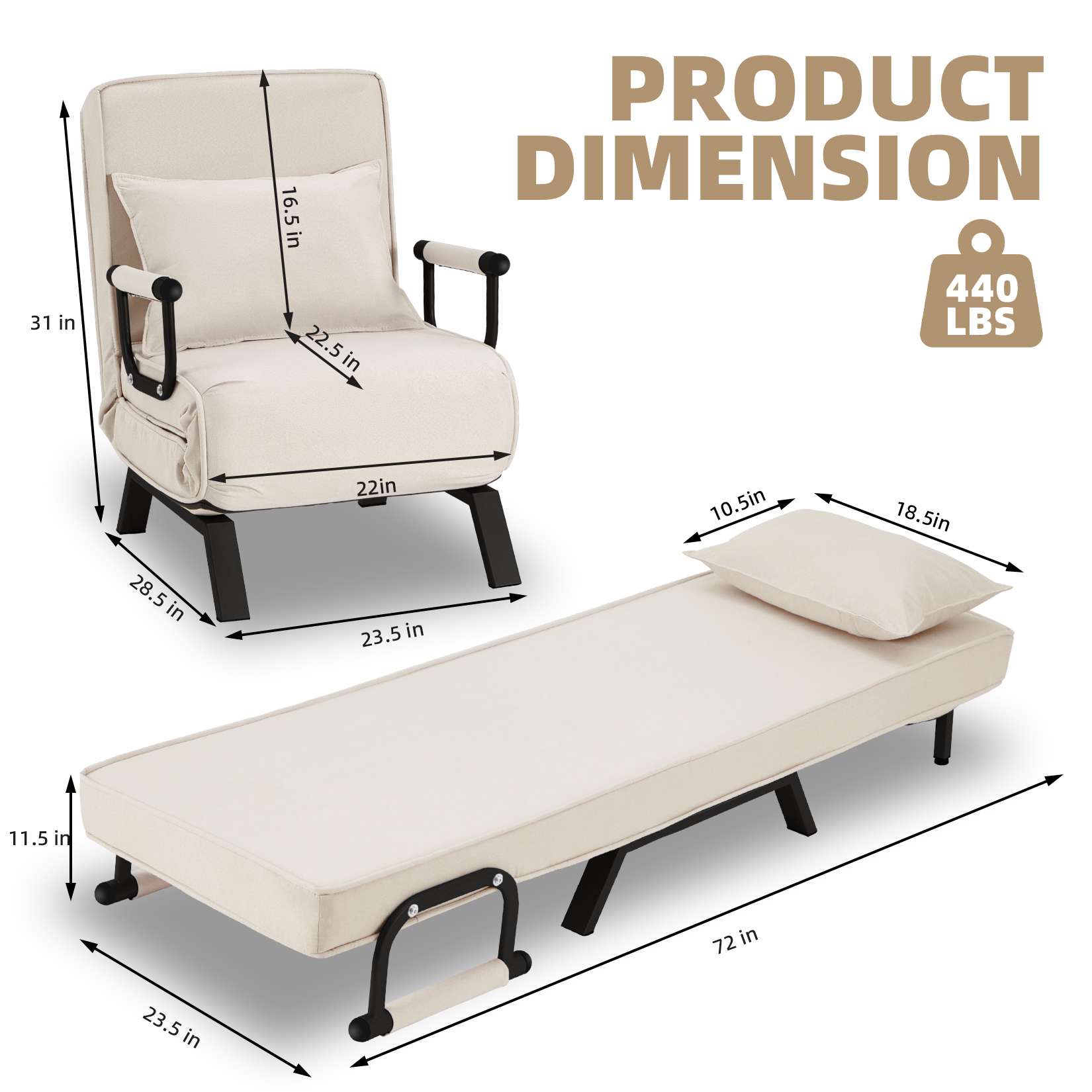 AHB® Convertible Sofa Bed Sleeper Chair with 6 Angles Adjustable Backrest