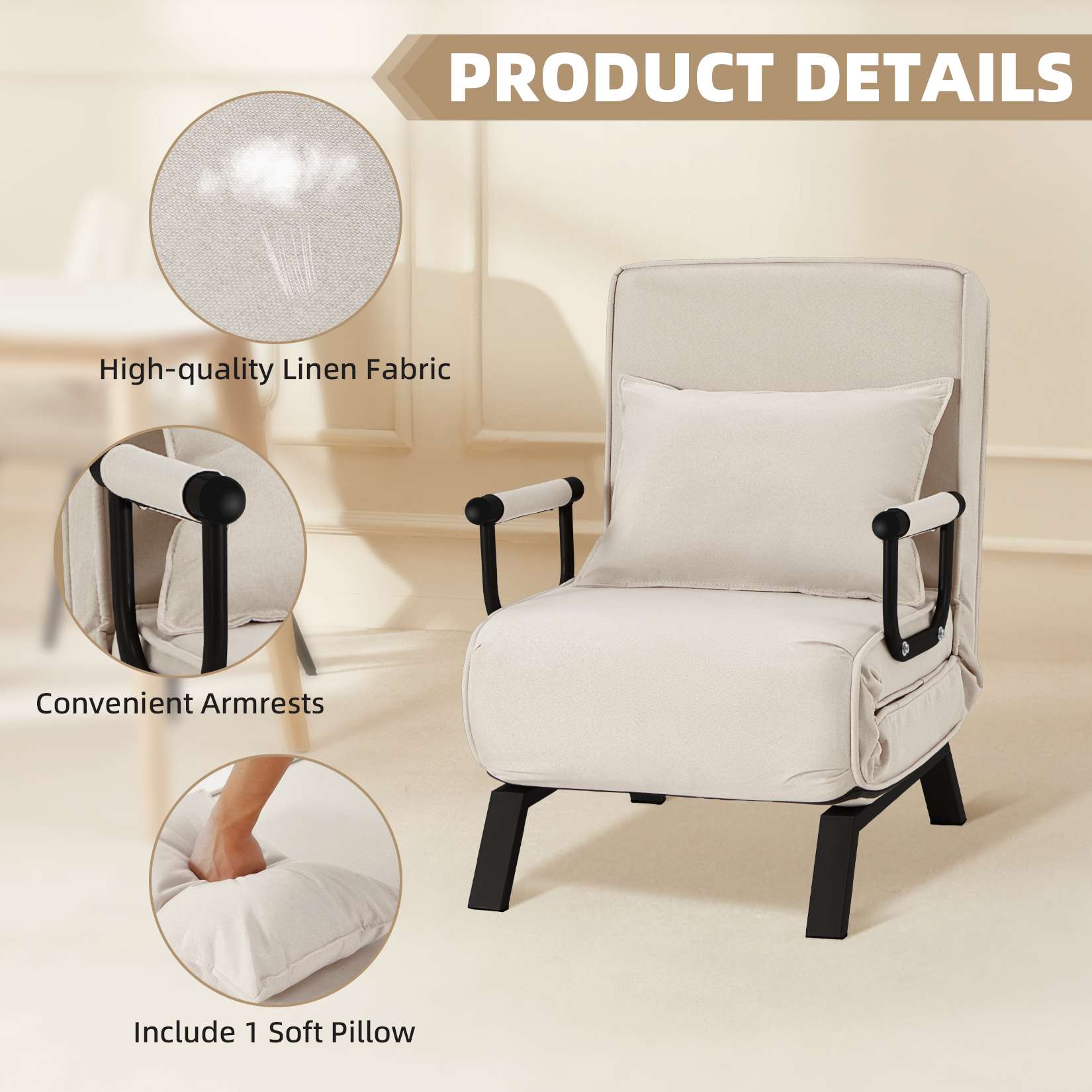 AHB® Convertible Sofa Bed Sleeper Chair with 6 Angles Adjustable Backrest