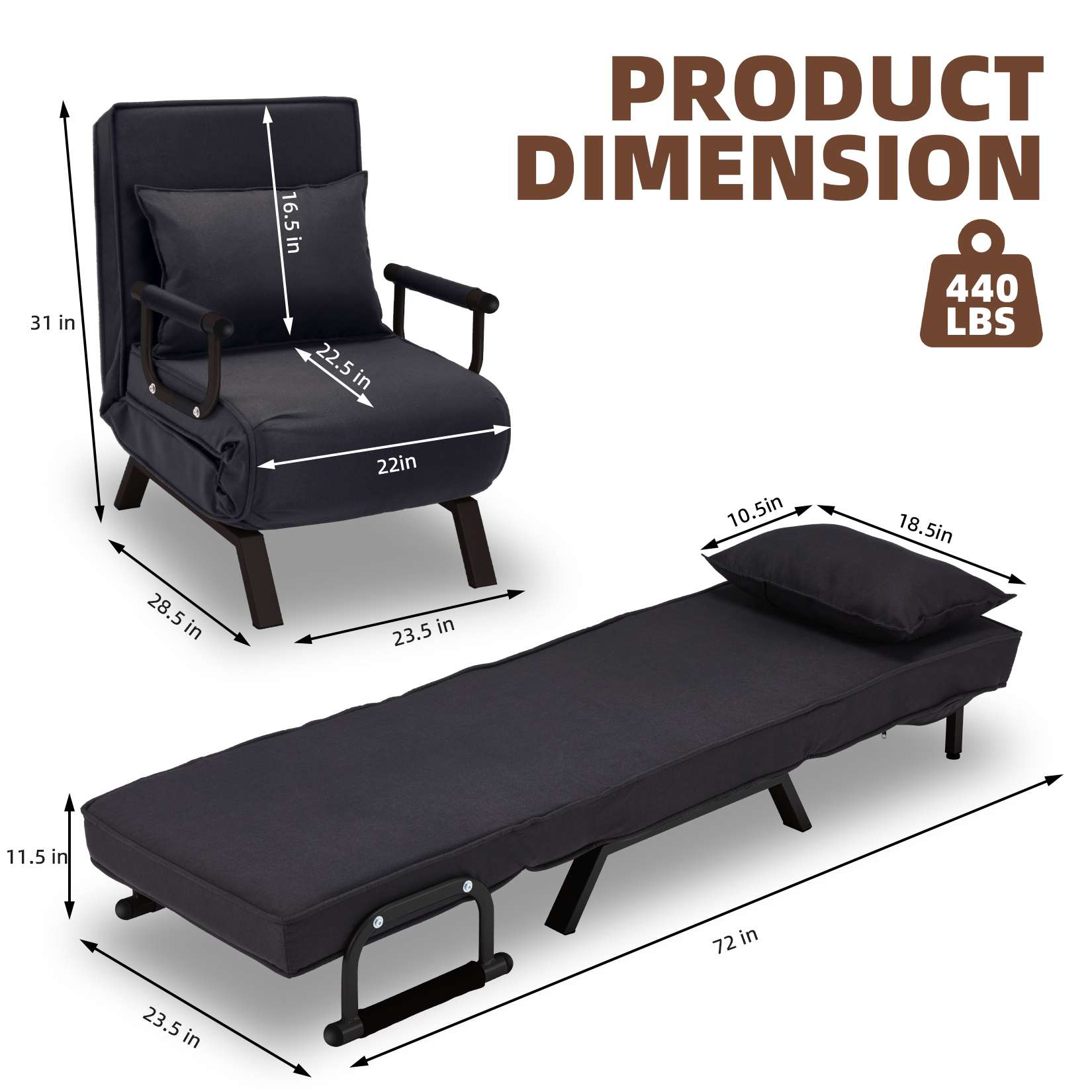 AHB® Convertible Sofa Bed Sleeper Chair with 6 Angles Adjustable Backrest