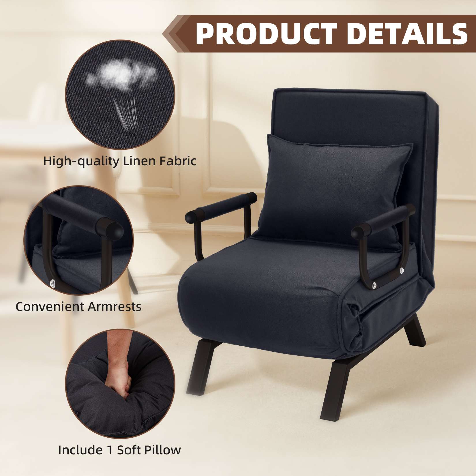AHB® Convertible Sofa Bed Sleeper Chair with 6 Angles Adjustable Backrest