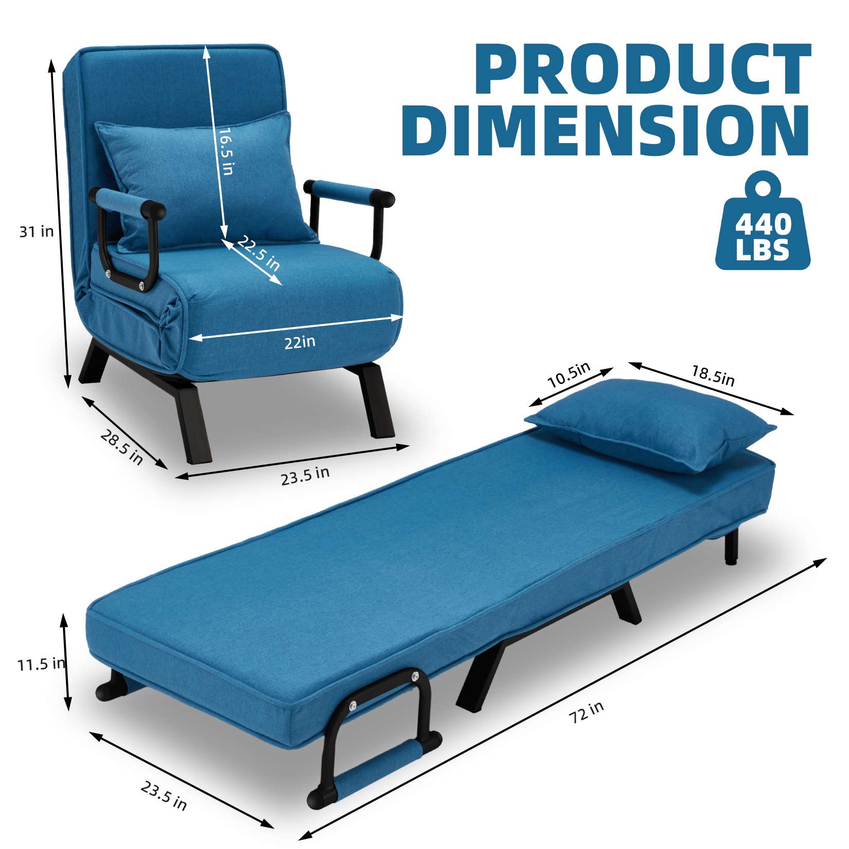 AHB® Convertible Sofa Bed Sleeper Chair with 6 Angles Adjustable Backrest