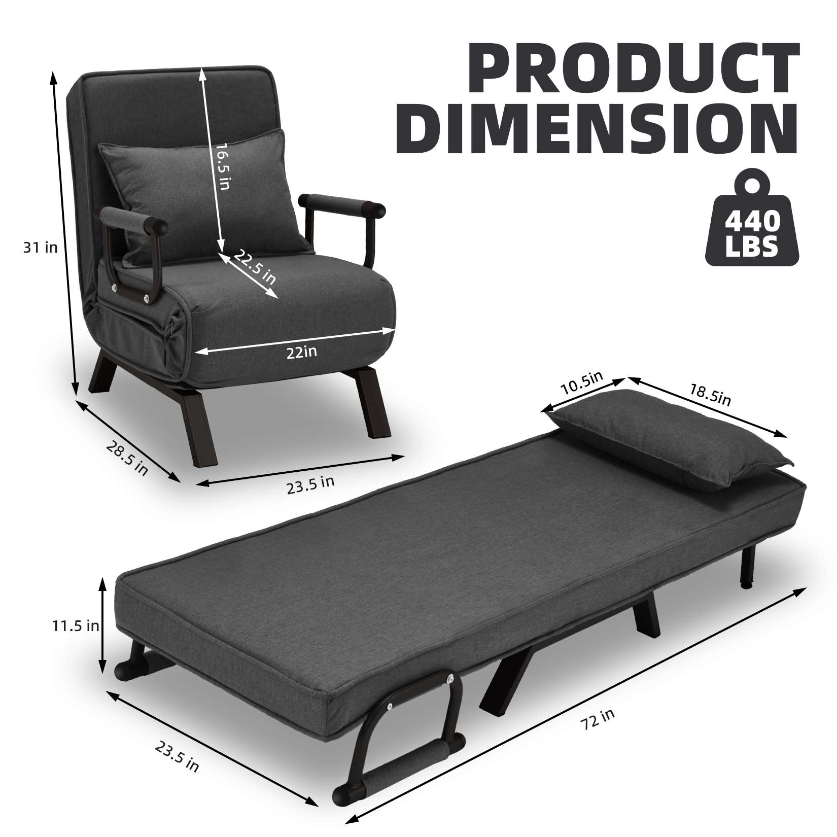 AHB® Convertible Sofa Bed Sleeper Chair with 6 Angles Adjustable Backrest