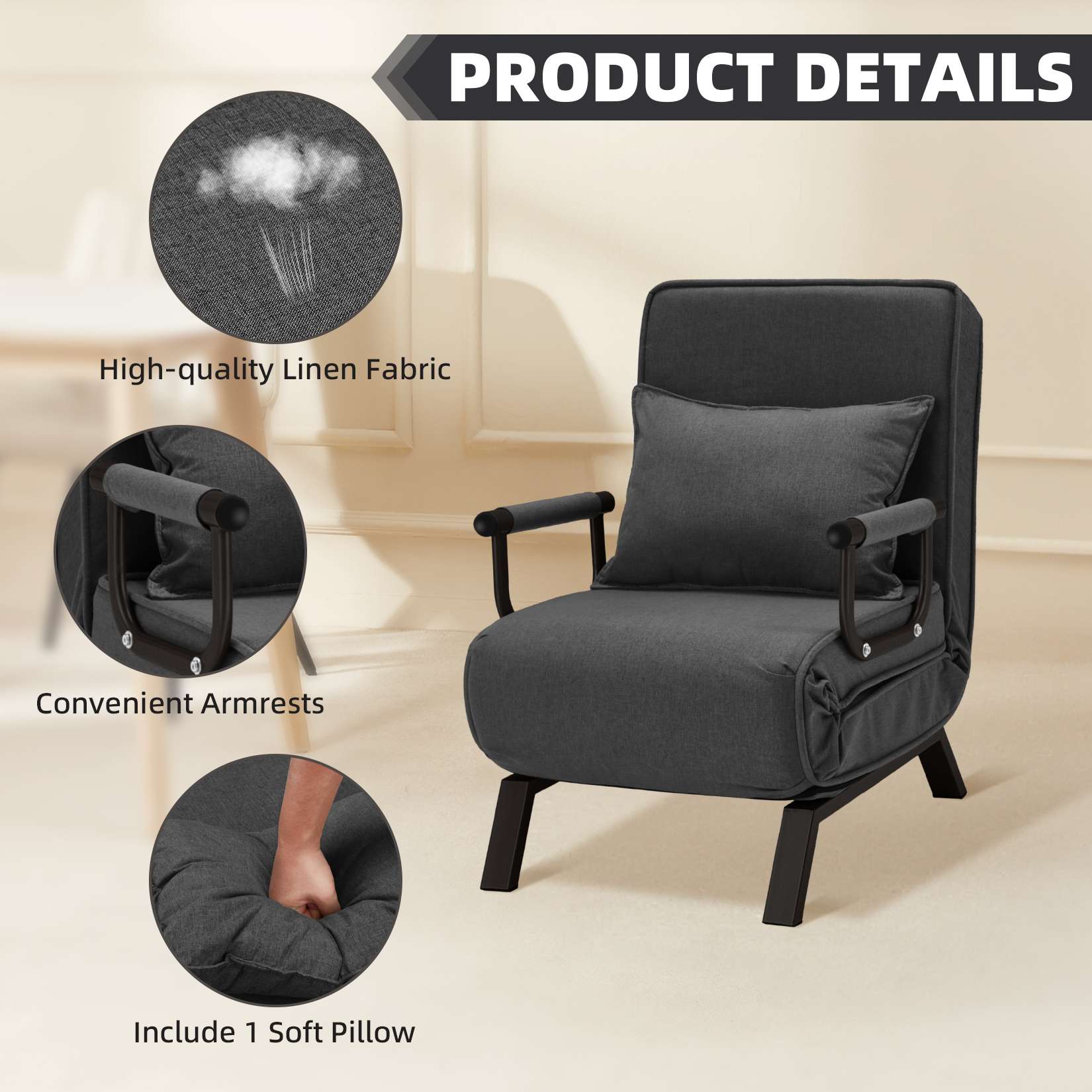AHB® Convertible Sofa Bed Sleeper Chair with 6 Angles Adjustable Backrest