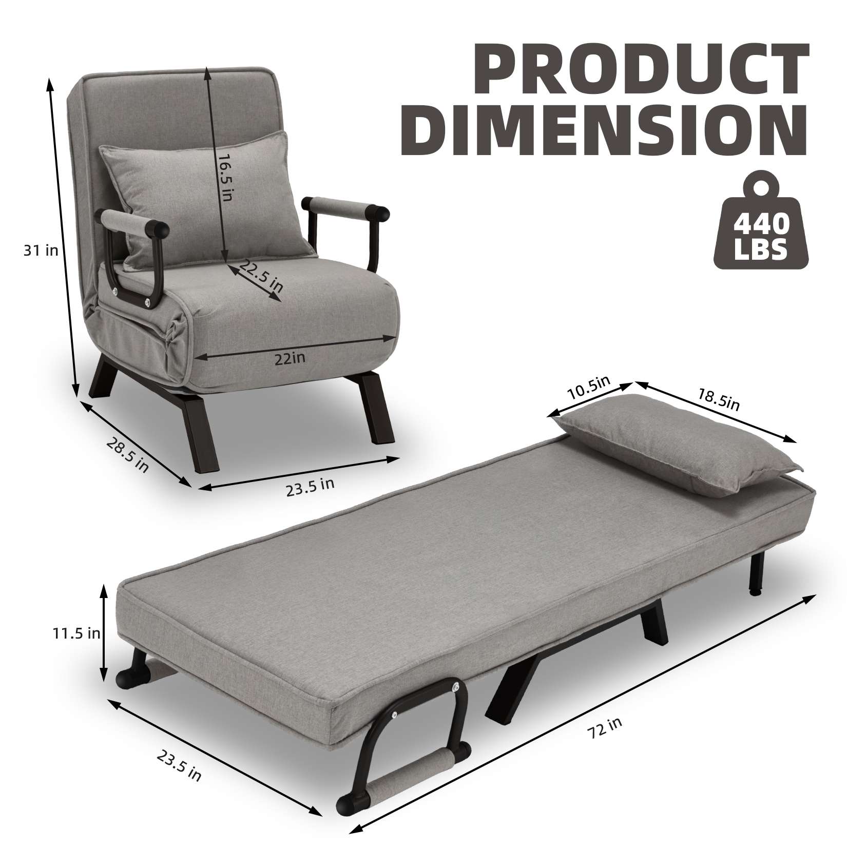 AHB® Convertible Sofa Bed Sleeper Chair with 6 Angles Adjustable Backrest