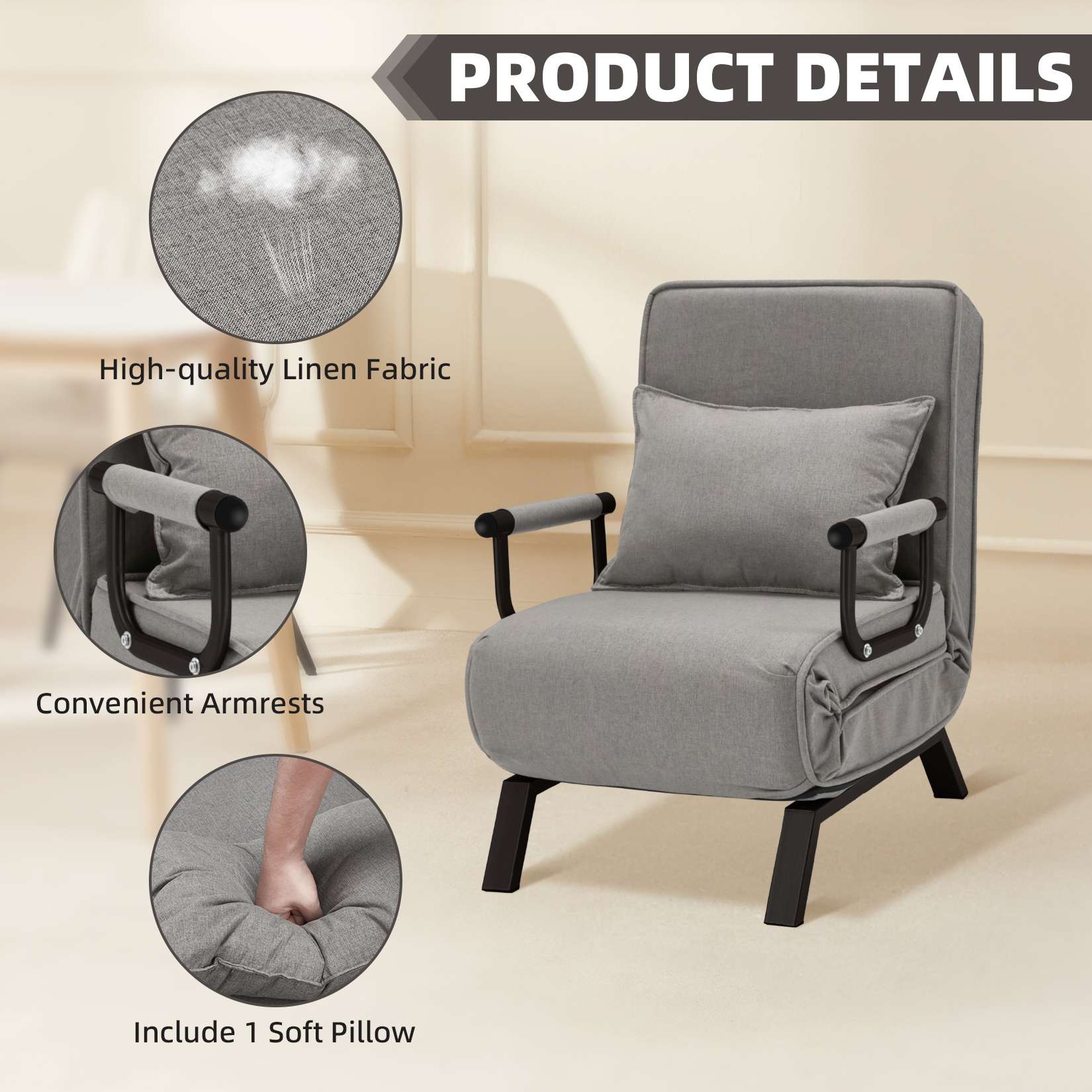 AHB® Convertible Sofa Bed Sleeper Chair with 6 Angles Adjustable Backrest