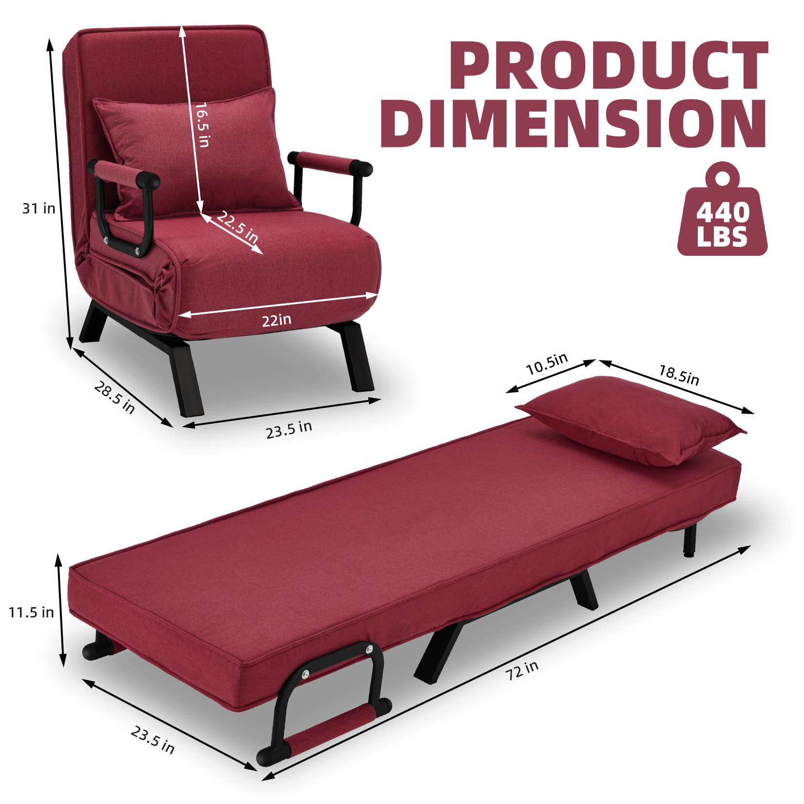 AHB® Convertible Sofa Bed Sleeper Chair with 6 Angles Adjustable Backrest