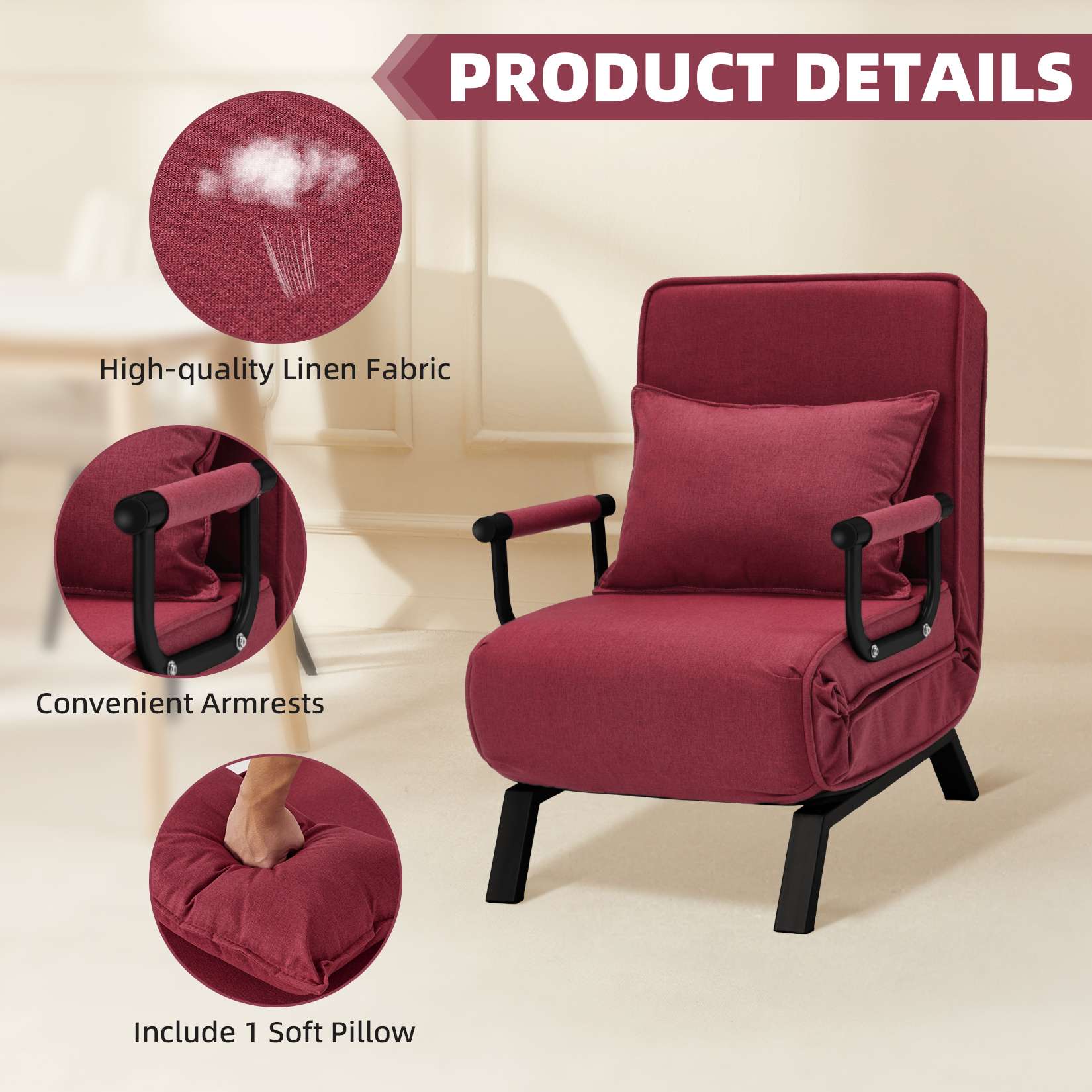 AHB® Convertible Sofa Bed Sleeper Chair with 6 Angles Adjustable Backrest