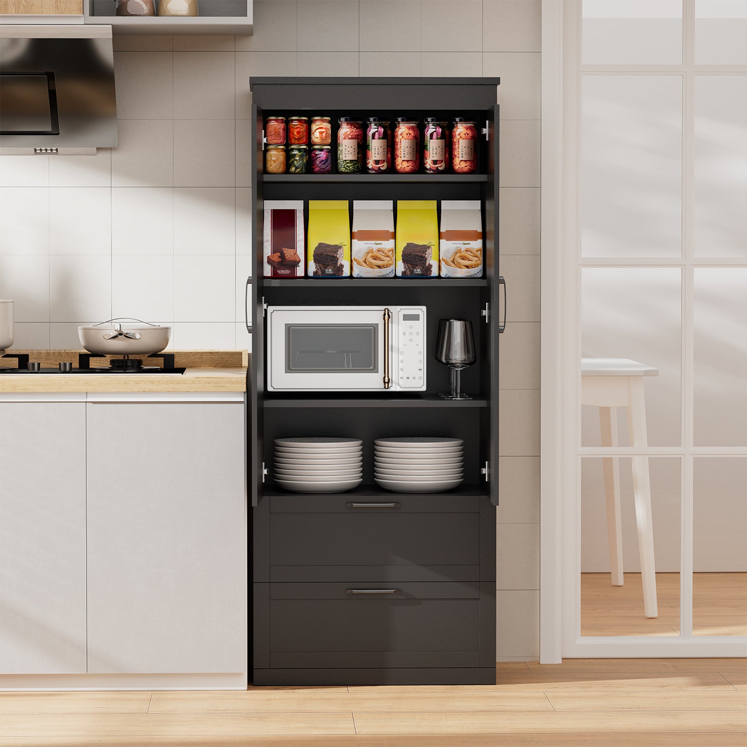 71" H Kitchen Pantry Cabinet, 4-Tier Farmhouse Storage Cabinet with Barn Doors, 2 Drawers, Adjustable Shelf, Cupboard for Kitchen, Living Room