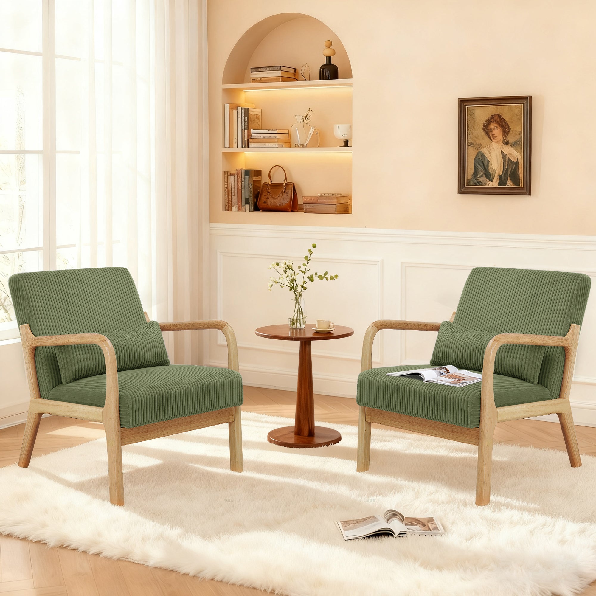 Mid-Century Accent Chair， Modern Armchair with Waist Cushion, Comfy Single Sitting Seat up to 450lbs