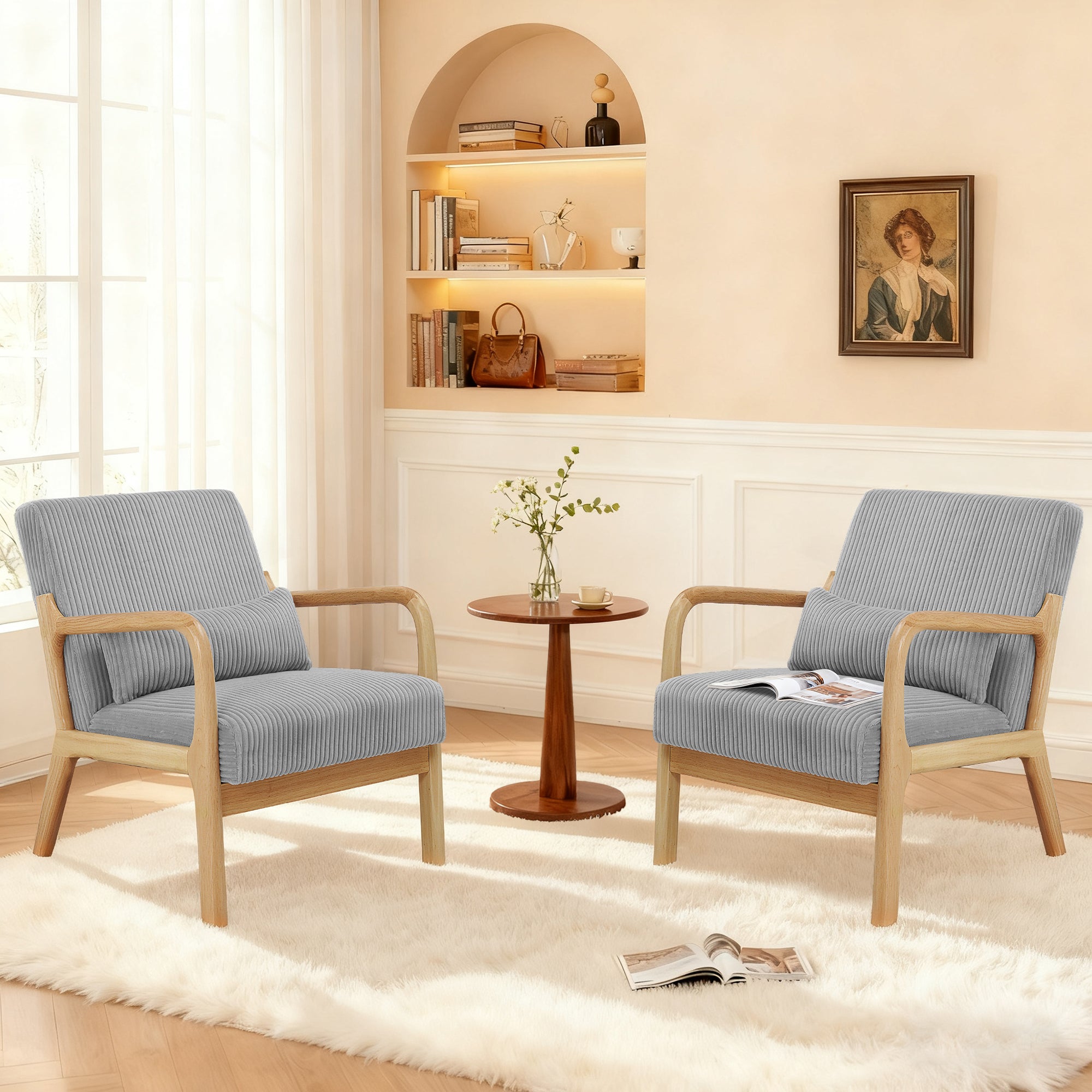 Mid-Century Accent Chair， Modern Armchair with Waist Cushion, Comfy Single Sitting Seat up to 450lbs