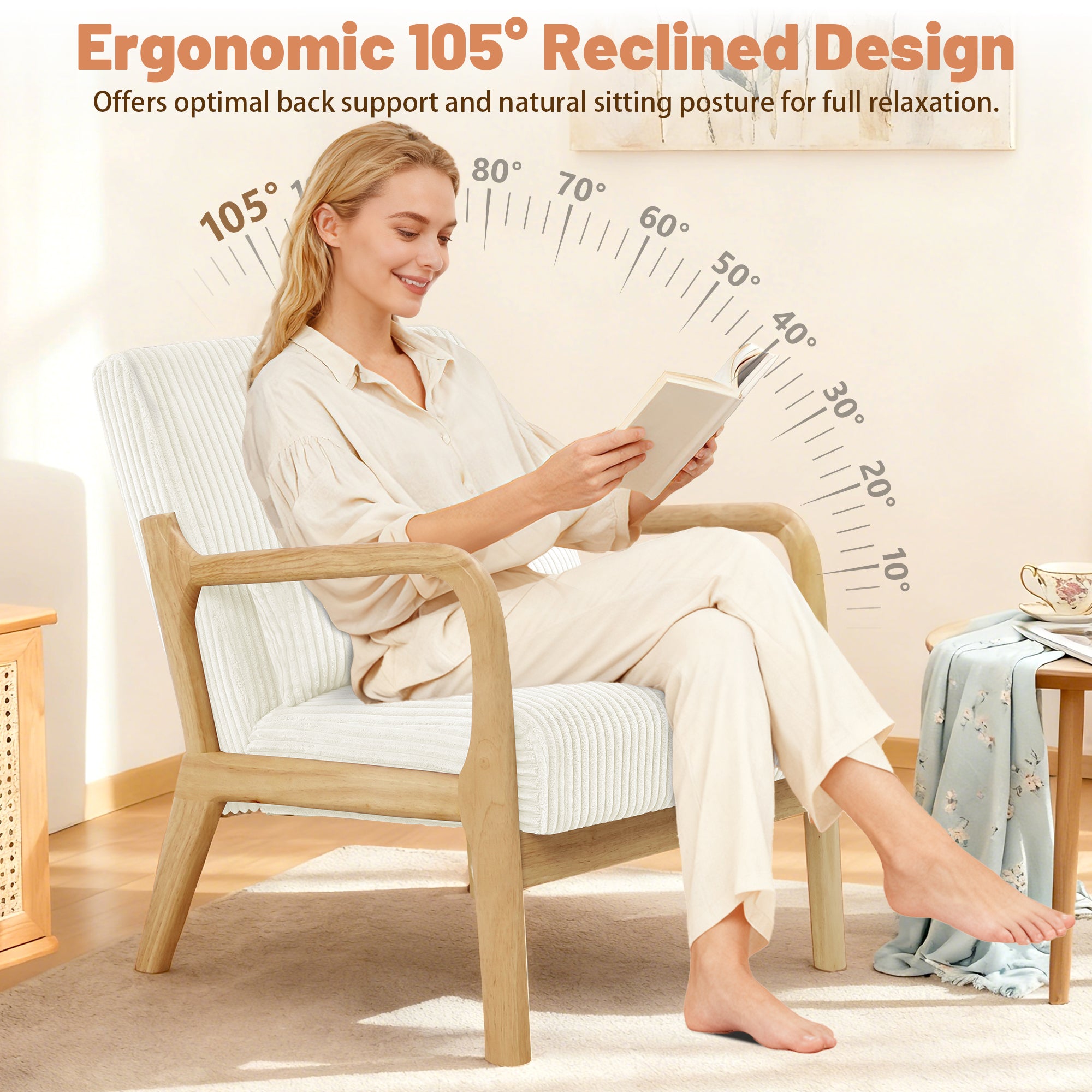 Mid-Century Accent Chair， Modern Armchair with Waist Cushion, Comfy Single Sitting Seat up to 450lbs