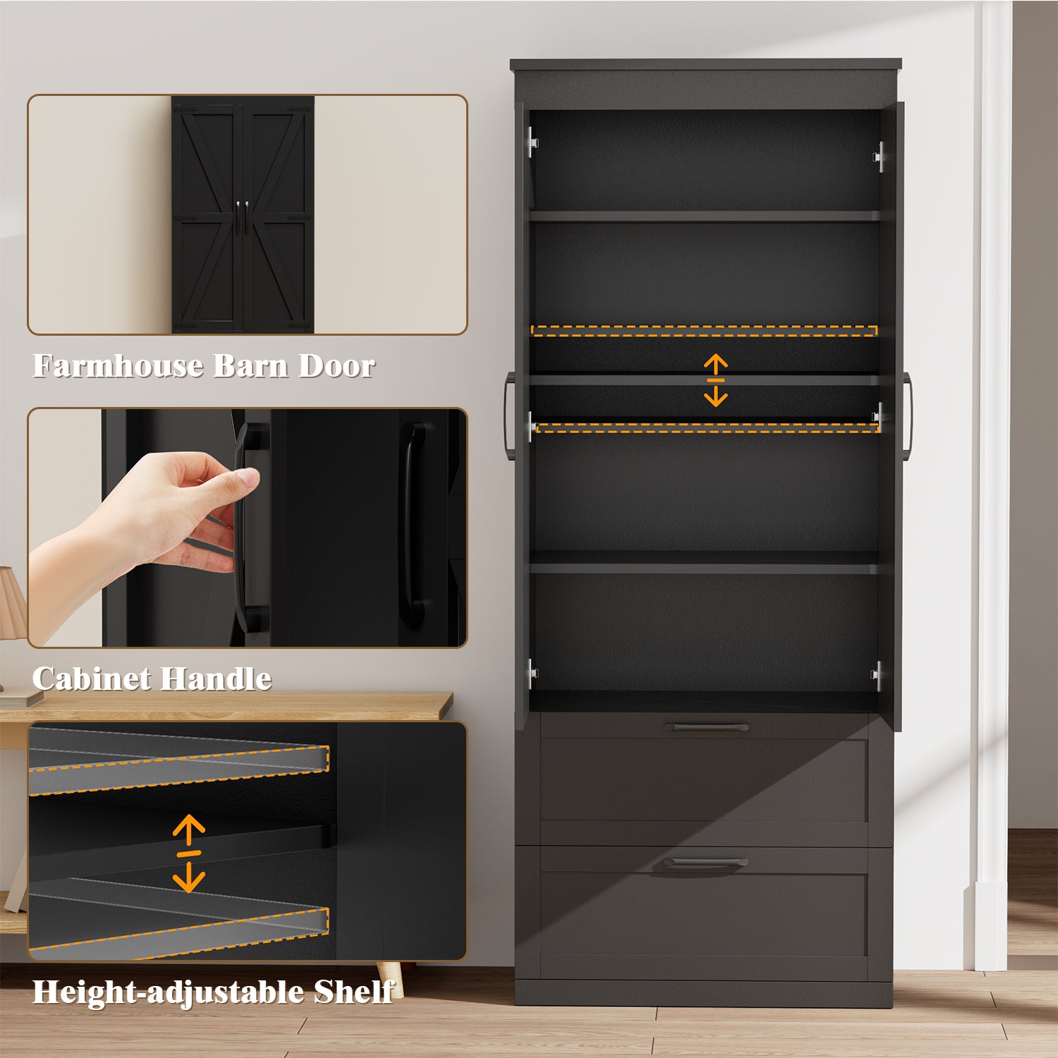 71" H Kitchen Pantry Cabinet, 4-Tier Farmhouse Storage Cabinet with Barn Doors, 2 Drawers, Adjustable Shelf, Cupboard for Kitchen, Living Room