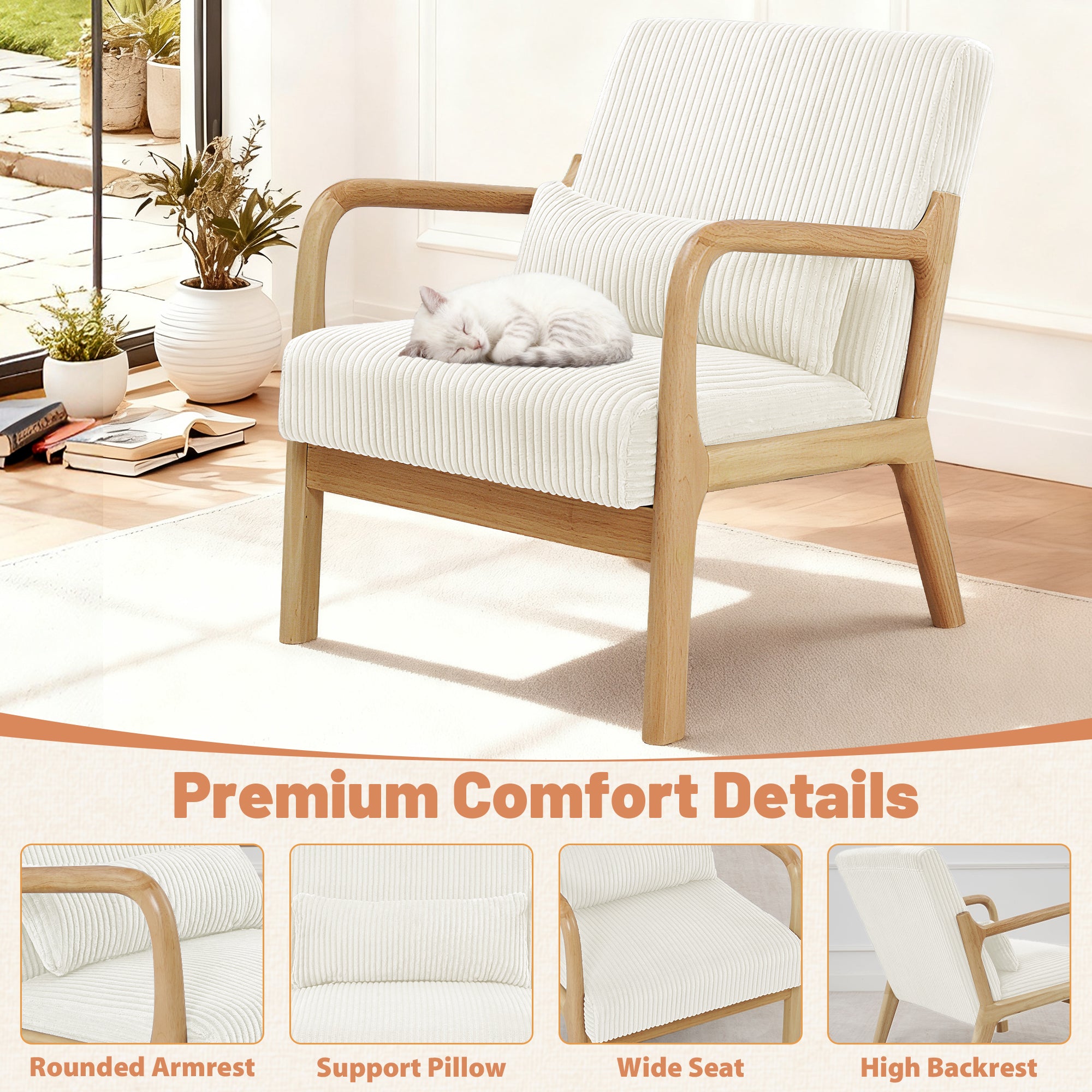 Mid-Century Accent Chair， Modern Armchair with Waist Cushion, Comfy Single Sitting Seat up to 450lbs