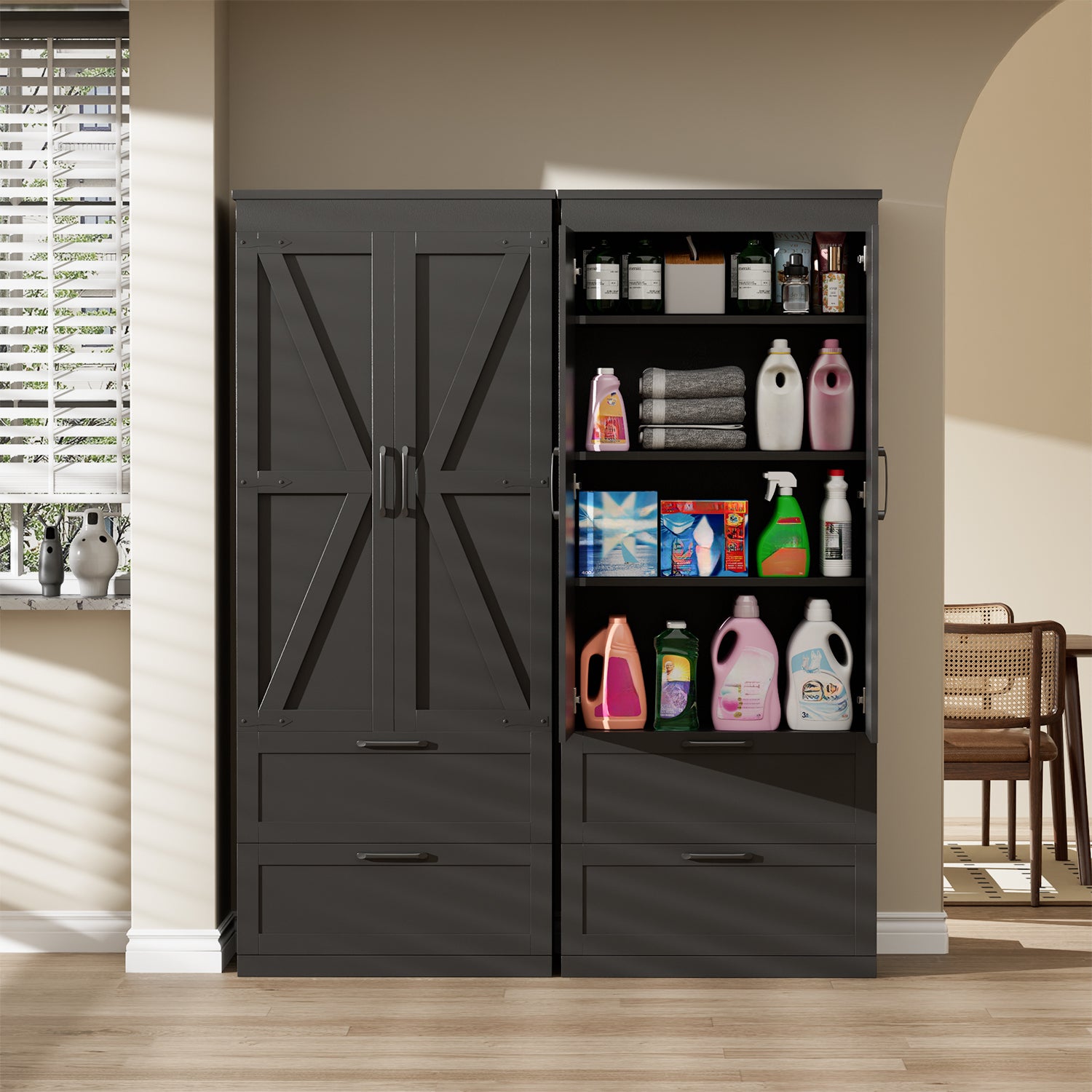 71" H Kitchen Pantry Cabinet, 4-Tier Farmhouse Storage Cabinet with Barn Doors, 2 Drawers, Adjustable Shelf, Cupboard for Kitchen, Living Room