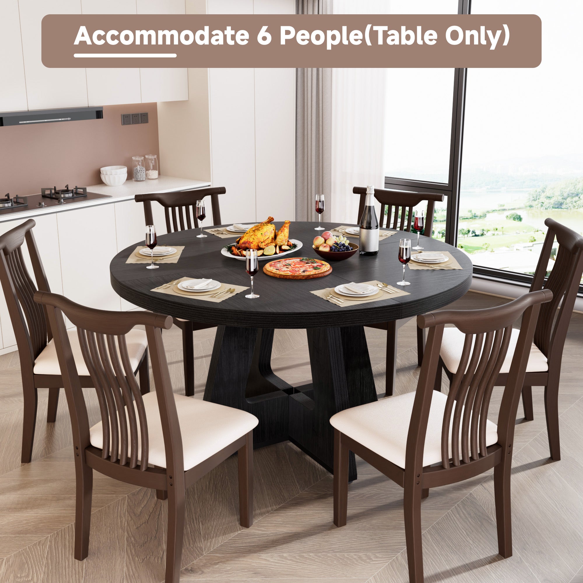 Round Dining Table for 4-6 People, 47" Dining Room Table with Wooden Pedestal Base for Kitchen, Dining Room, Table Only