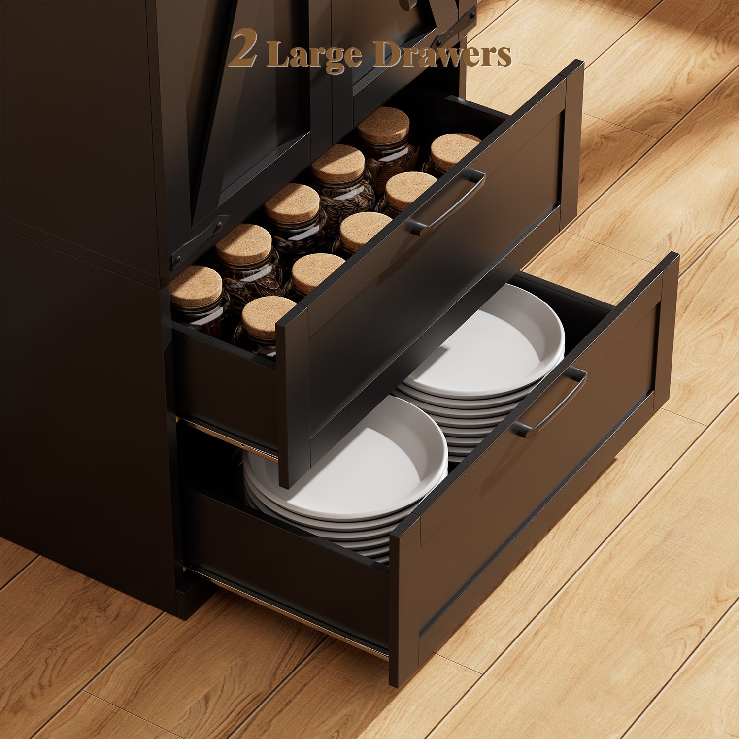 71" H Kitchen Pantry Cabinet, 4-Tier Farmhouse Storage Cabinet with Barn Doors, 2 Drawers, Adjustable Shelf, Cupboard for Kitchen, Living Room