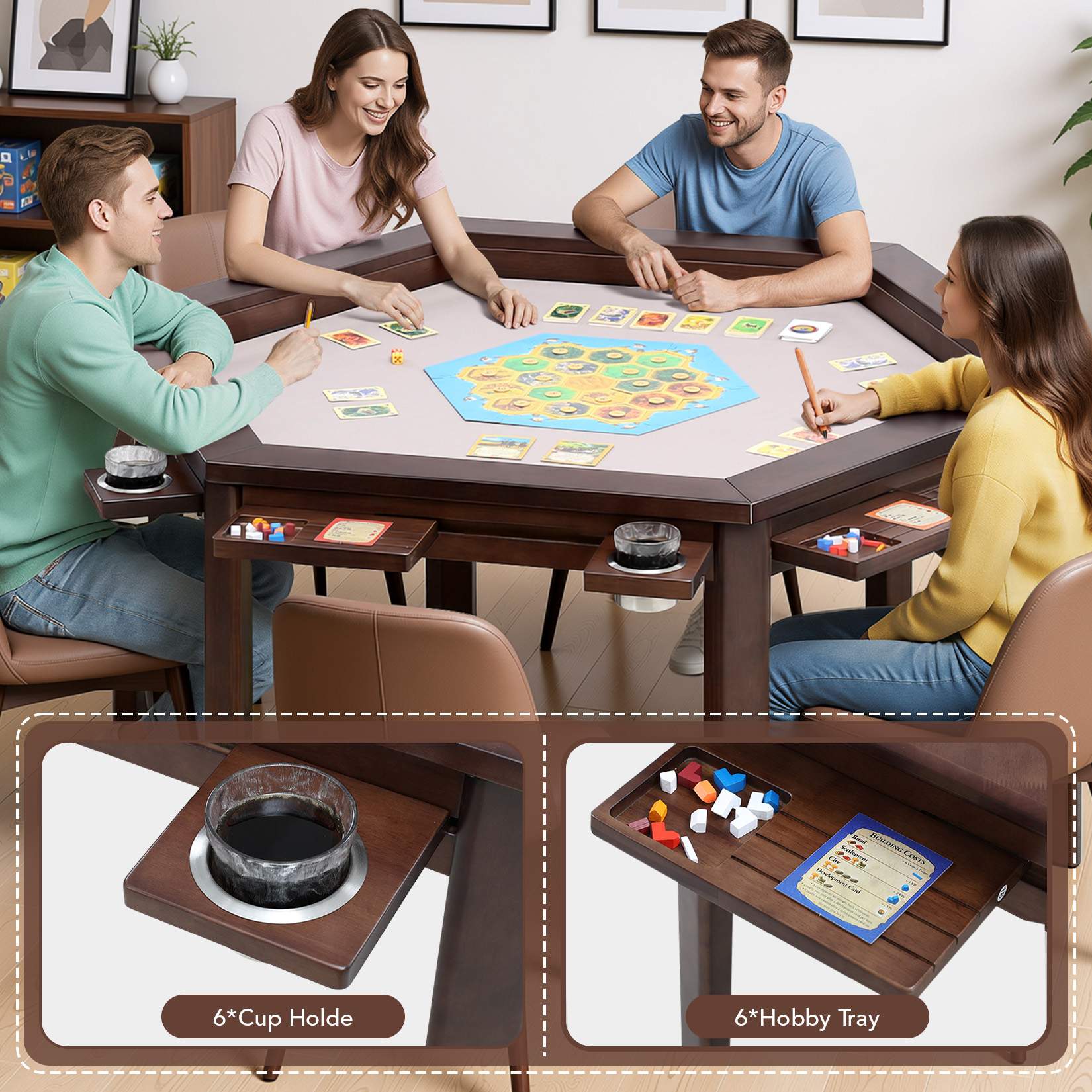Avocahom Hexagonal Board Game Table for 4-6 with Removable Table Top