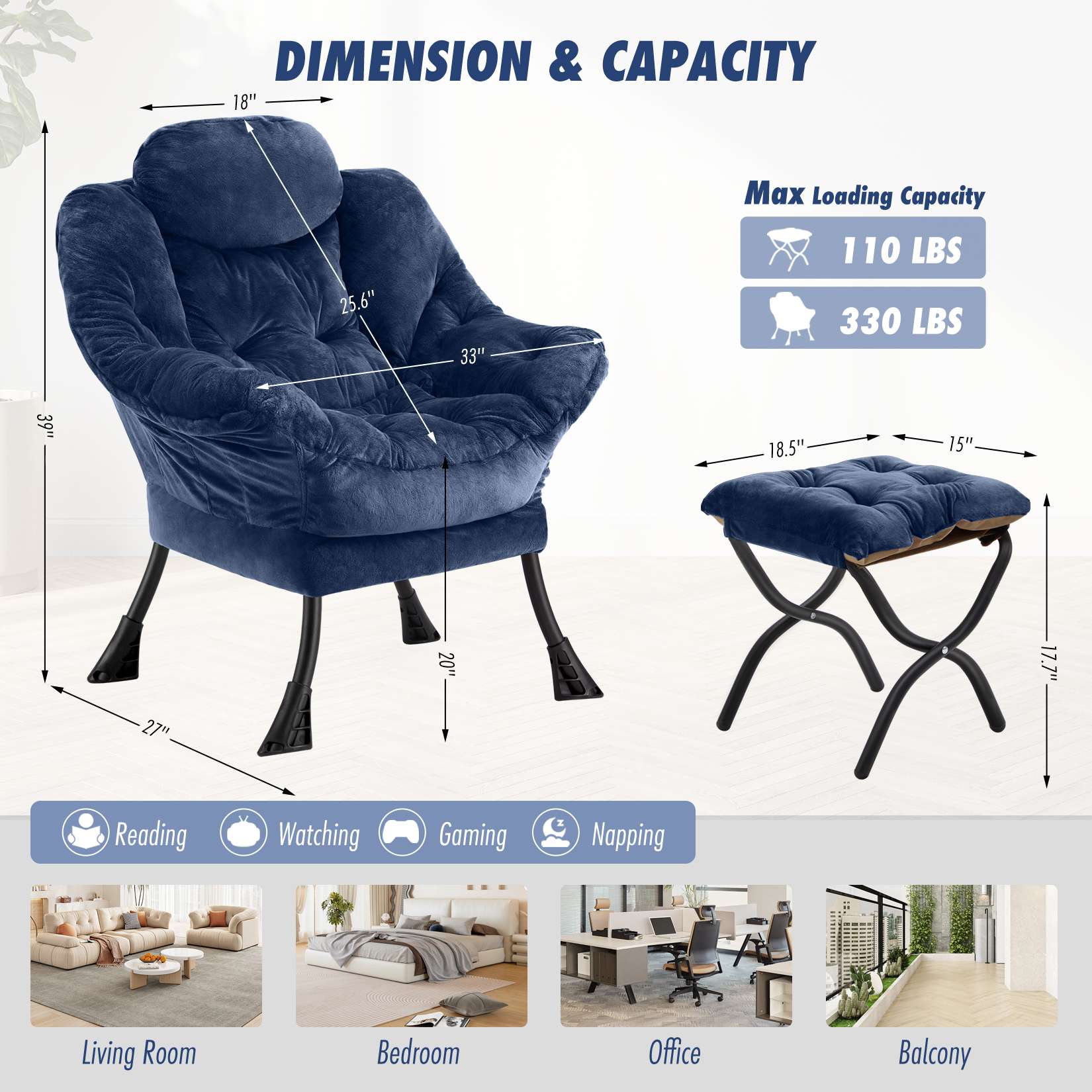 AHB® Lazy Chair with Folding Ottoman Upholstered Sofa Armchair Reading Chair